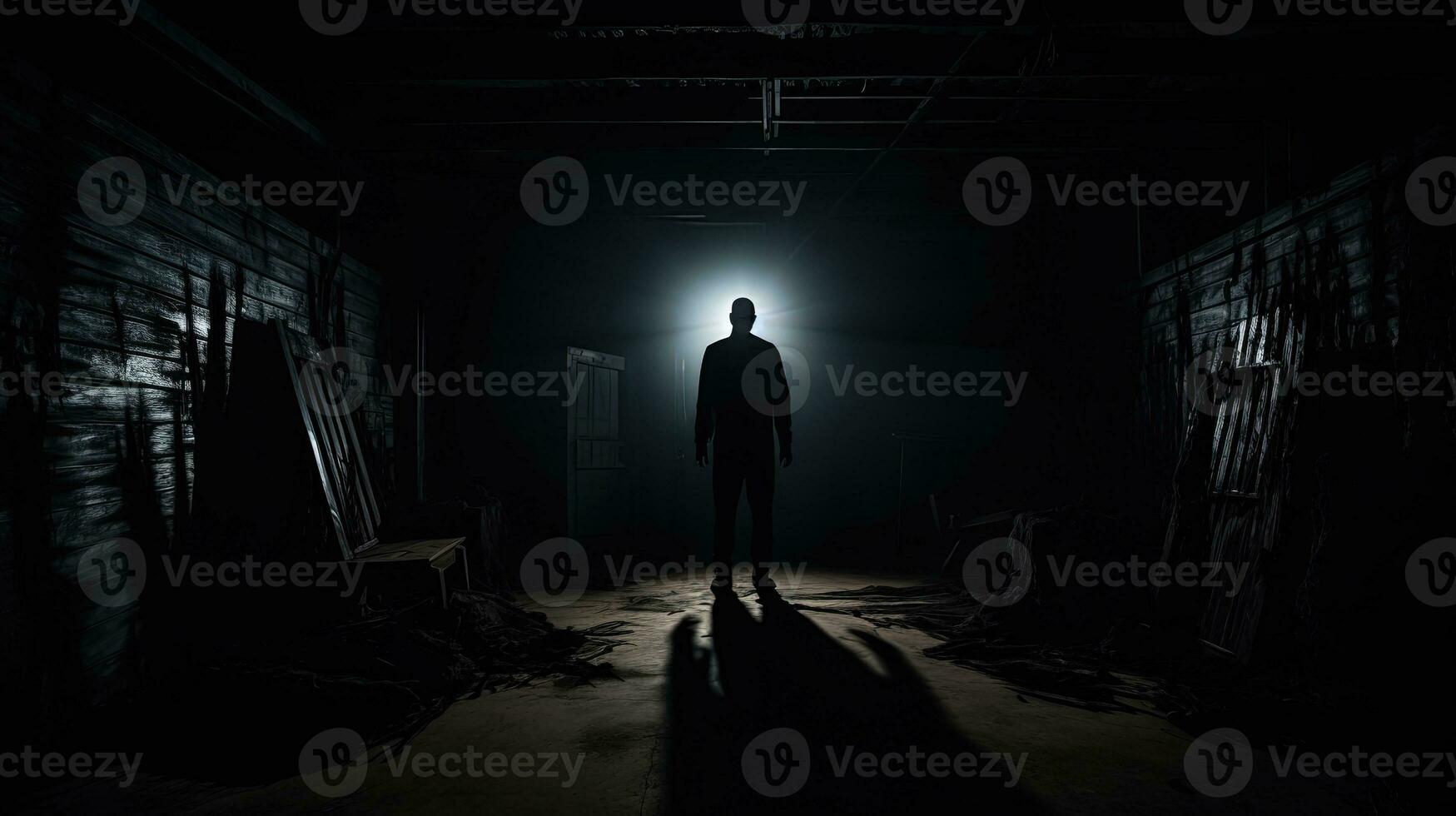 Eerie shadow in deserted building Horror involving deranged figure or dim hallway with cabinets and lights featuring spooky person in various poses. silhouette concept photo