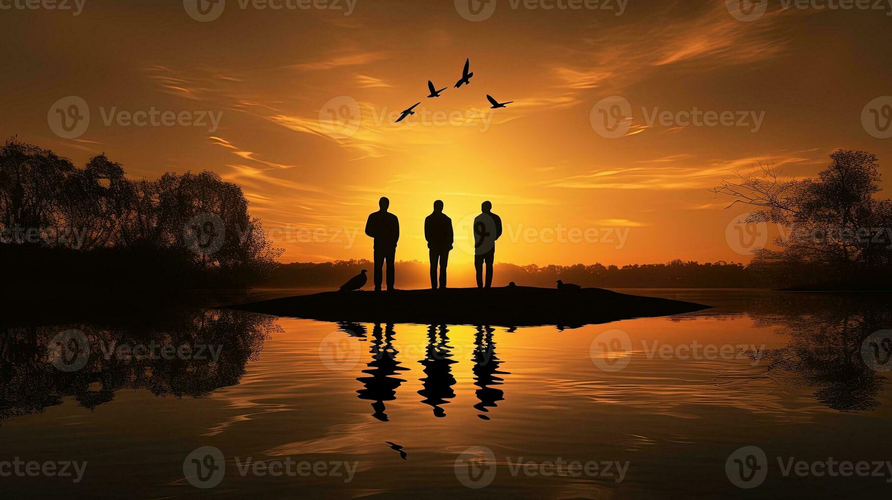 Men s silhouettes beside the lake during sunset photo