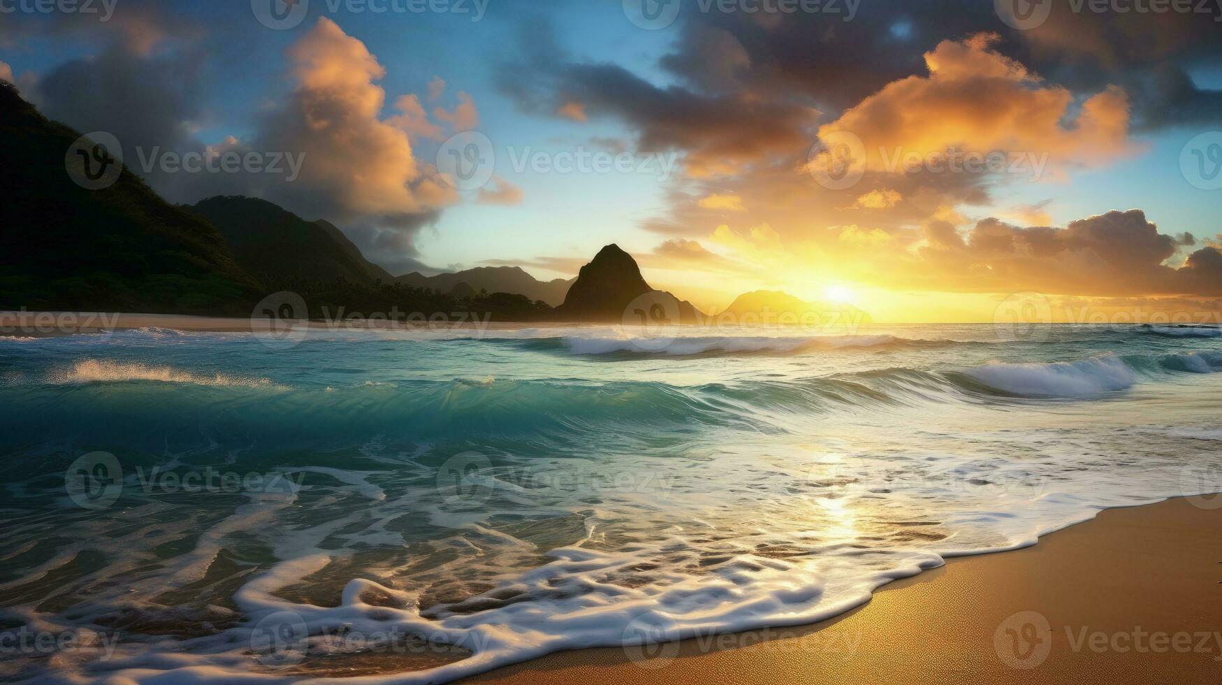 2012 sunrise over Waimanalo Beach Hawaii with waves and sea foam at dawn. silhouette concept photo