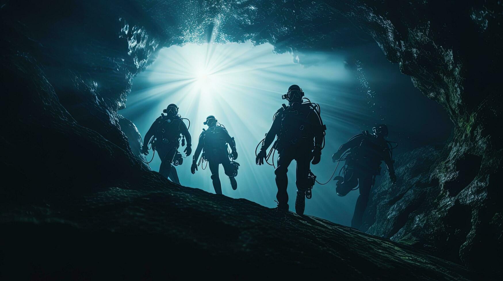 Divers investigating a tunnel. silhouette concept photo