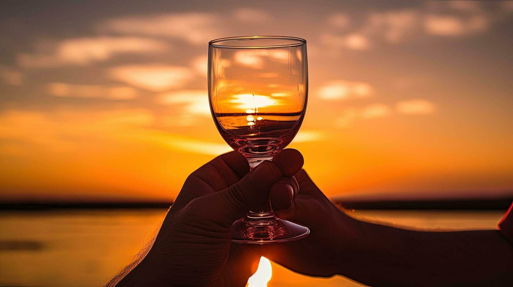 Hand holding glasses at sunset silhouette photo