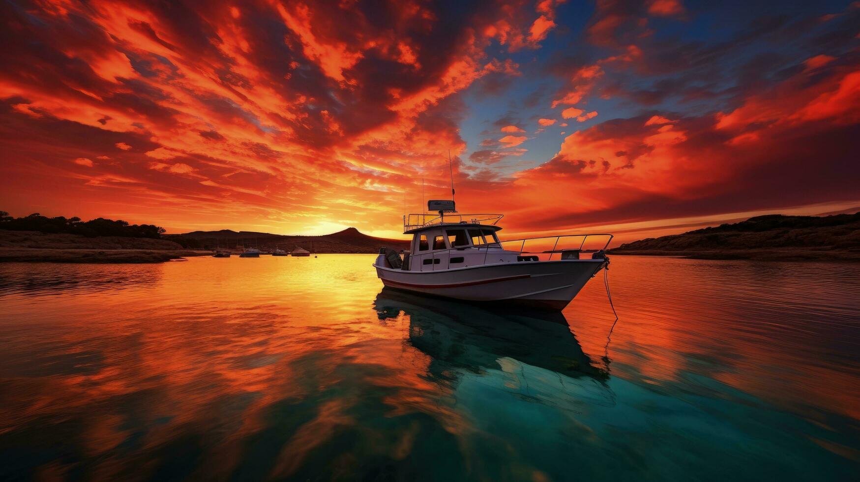 maravilloso puesta de sol en ibiza con dorado y rojo colores y barco siluetas foto