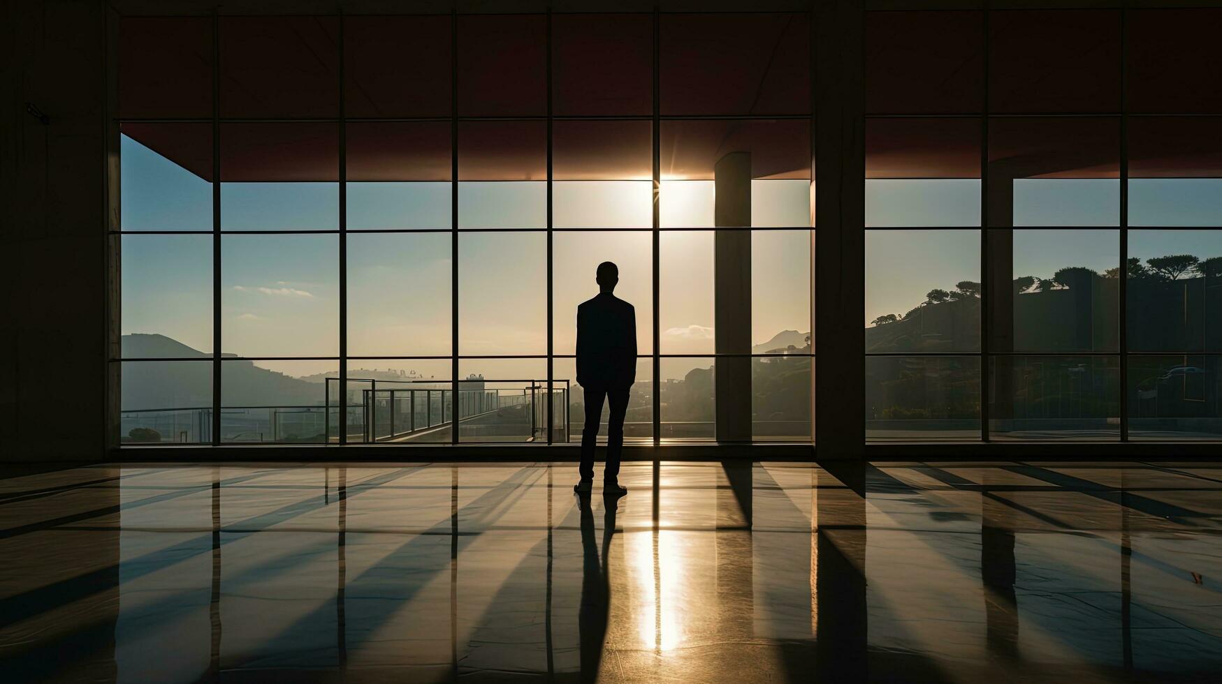 In an indoor location in Alsancak Izmir on May 14 2022 a young man observes the surroundings in the enchanting sunlight. silhouette concept photo