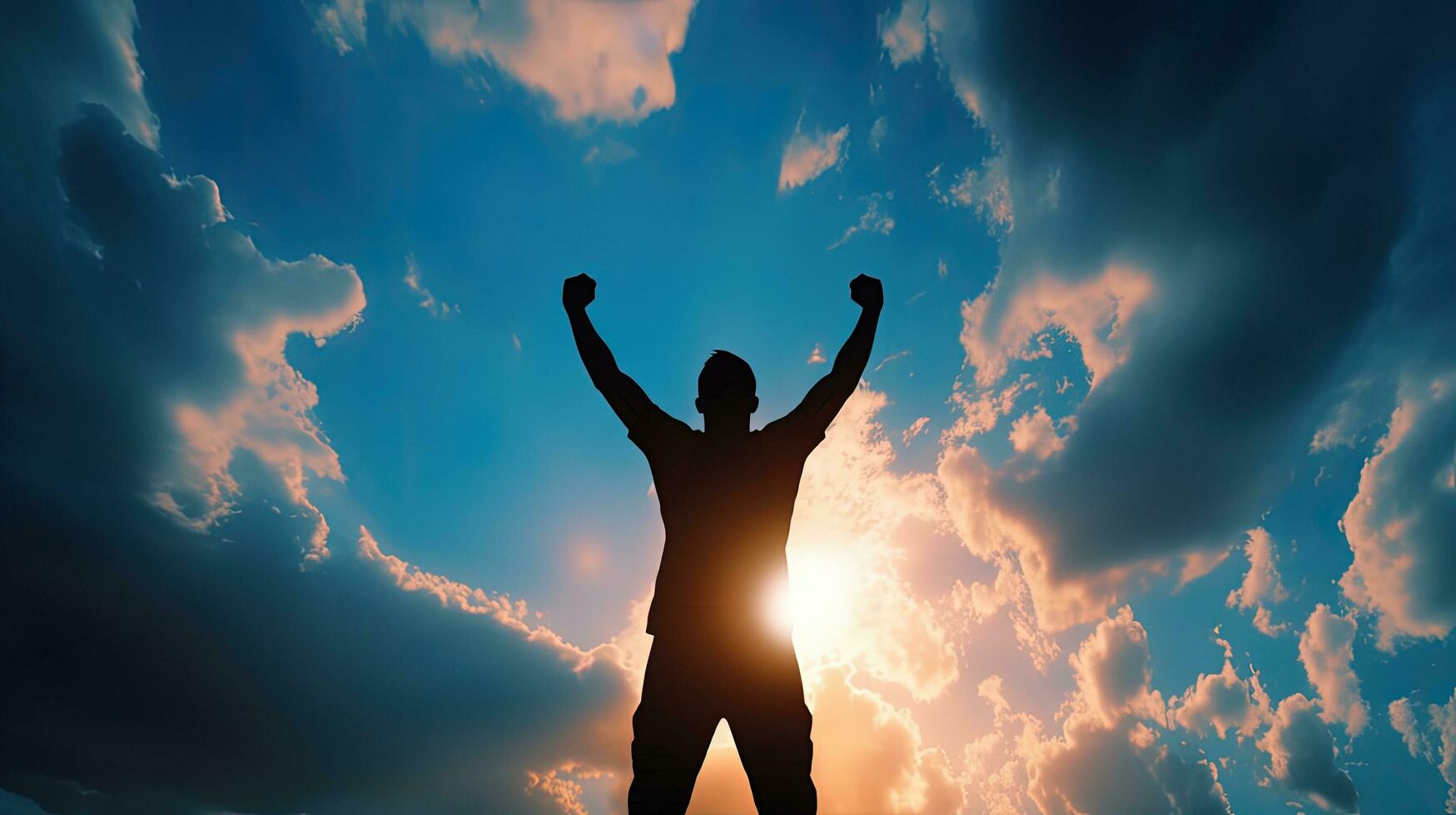 Achievement man silhouetted against blue sky and white clouds photo