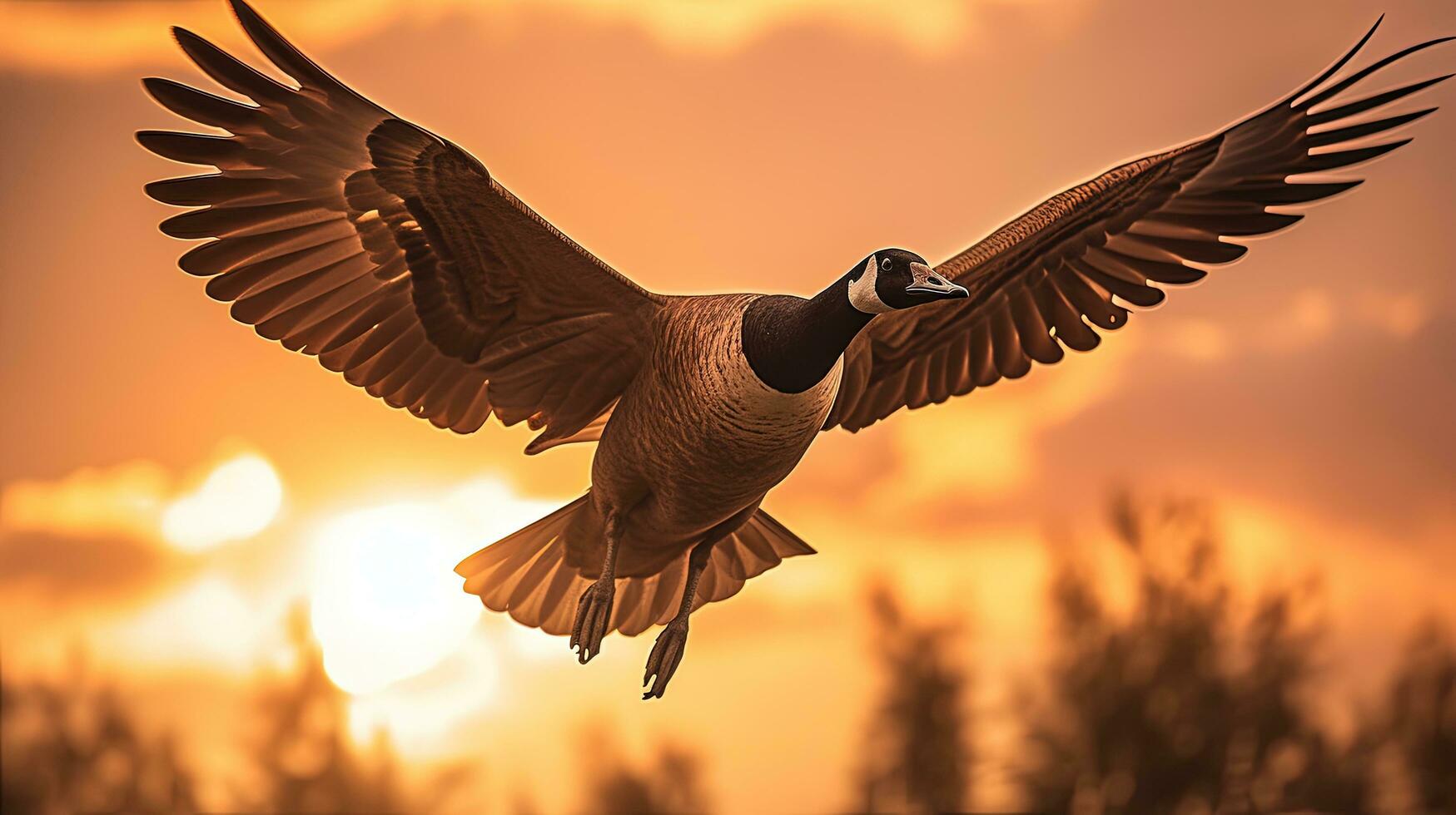 Warm background Canadian Goose flying silhouette photo