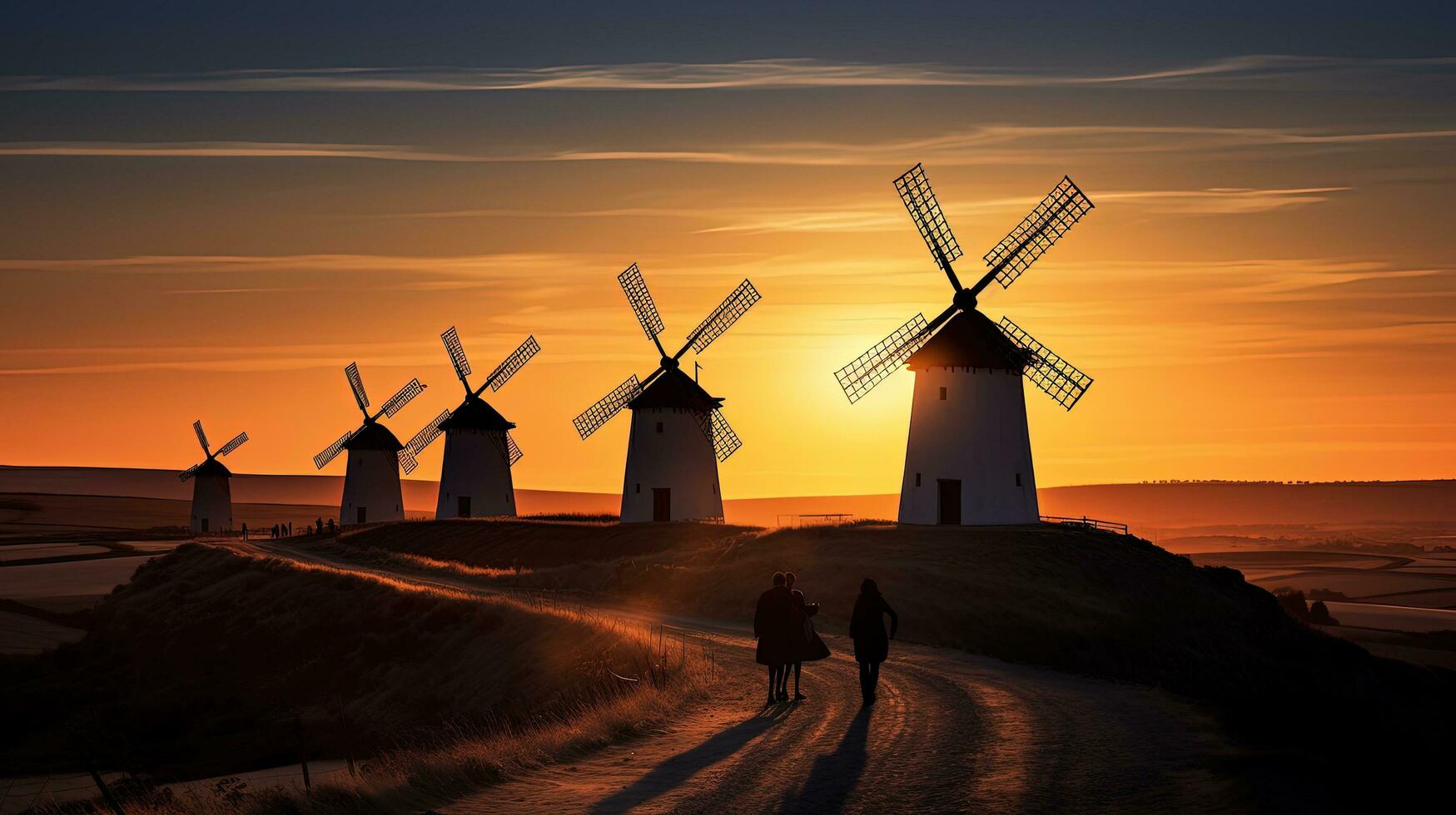 La Mancha Spain s windmills. silhouette concept photo