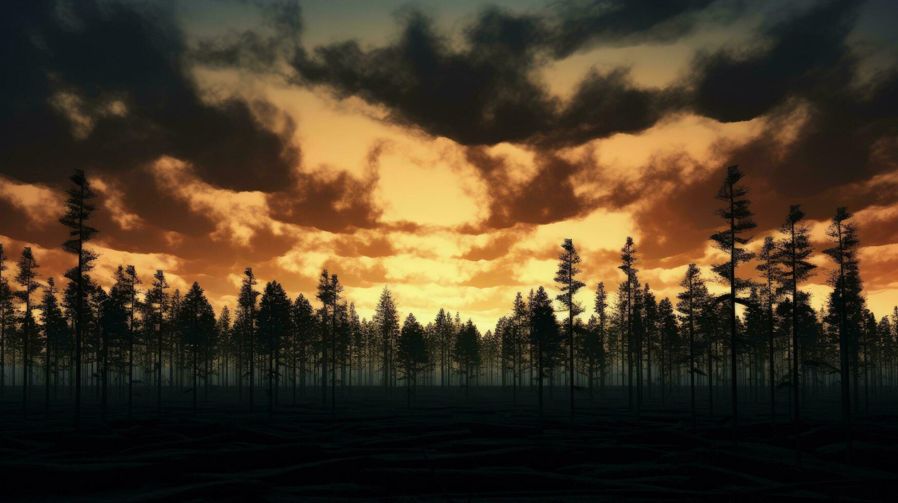 Pine trees cleared forest area against cloudy sky at dusk. silhouette concept photo