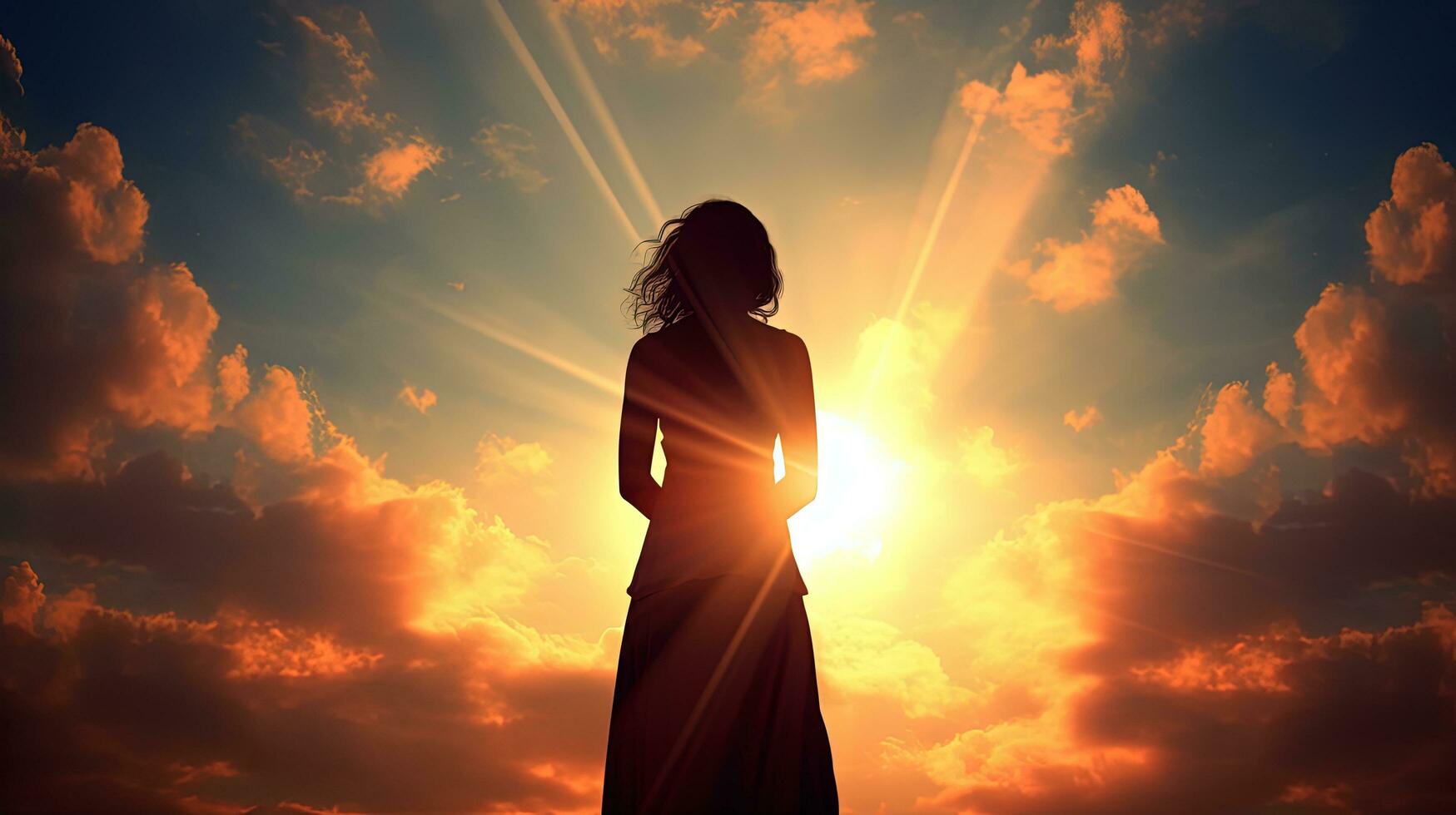 Woman praying with sky backdrop. silhouette concept photo