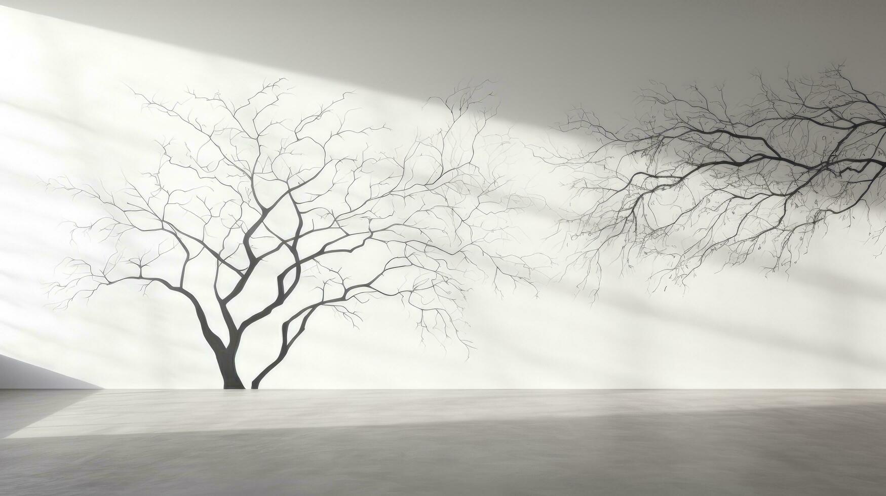 sombra de hojas en árbol rama y maletero modelo en blanco hormigón pared negro y blanco naturaleza sombra Arte en pared. silueta concepto foto