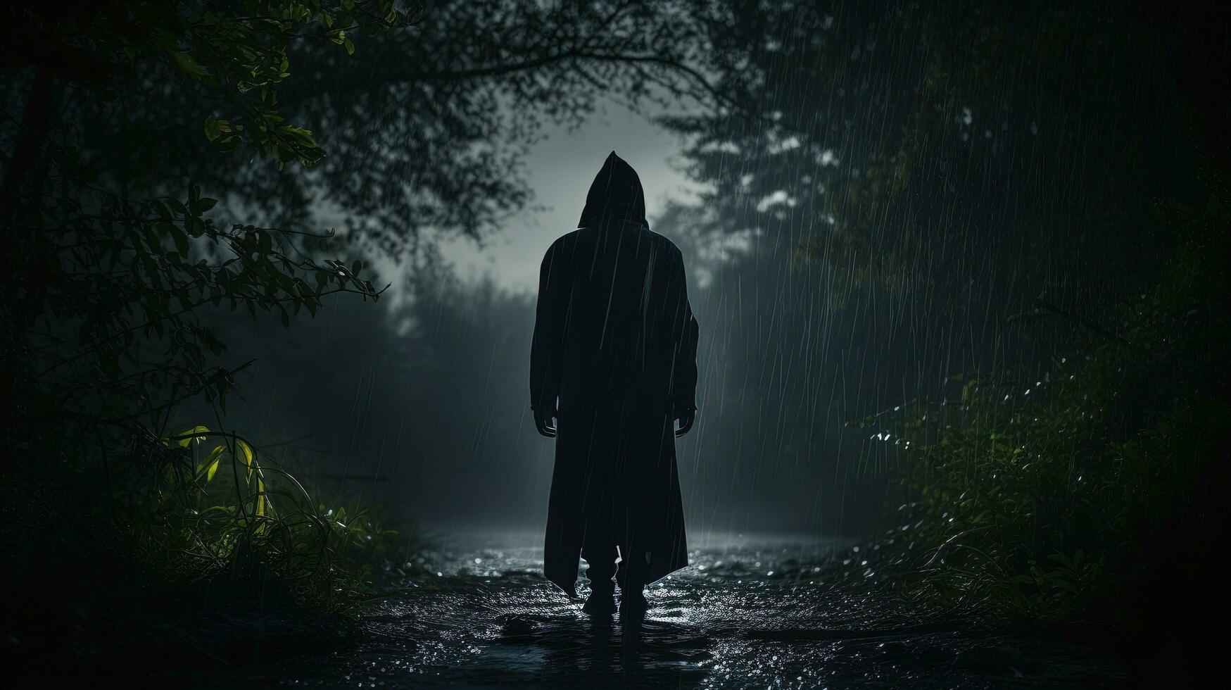 Observing a rainy country path gazing at a mysterious figure wearing a hood from behind. silhouette concept photo