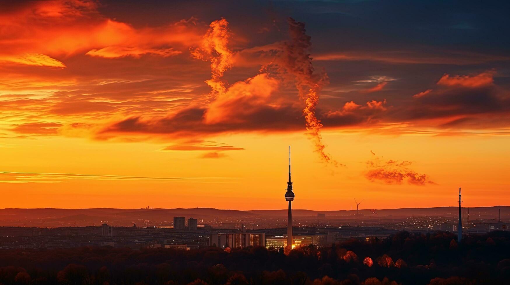 Autumn sunset in Vilnius with dark landmarks and the TV tower near the horizon captured with selective focus. silhouette concept photo