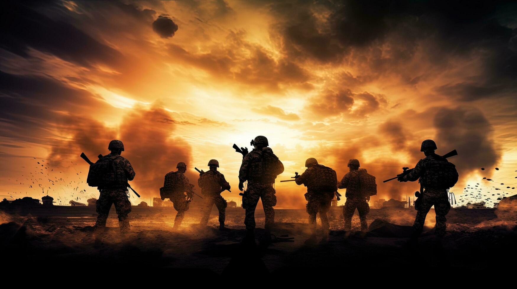 un imagen de soldados en batalla en medio de explosiones y fumar. silueta concepto foto