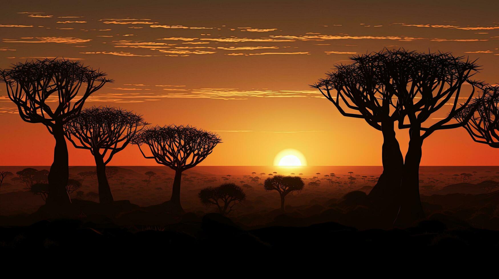 Sunrise in Namibia shows the outline of quiver trees. silhouette concept photo