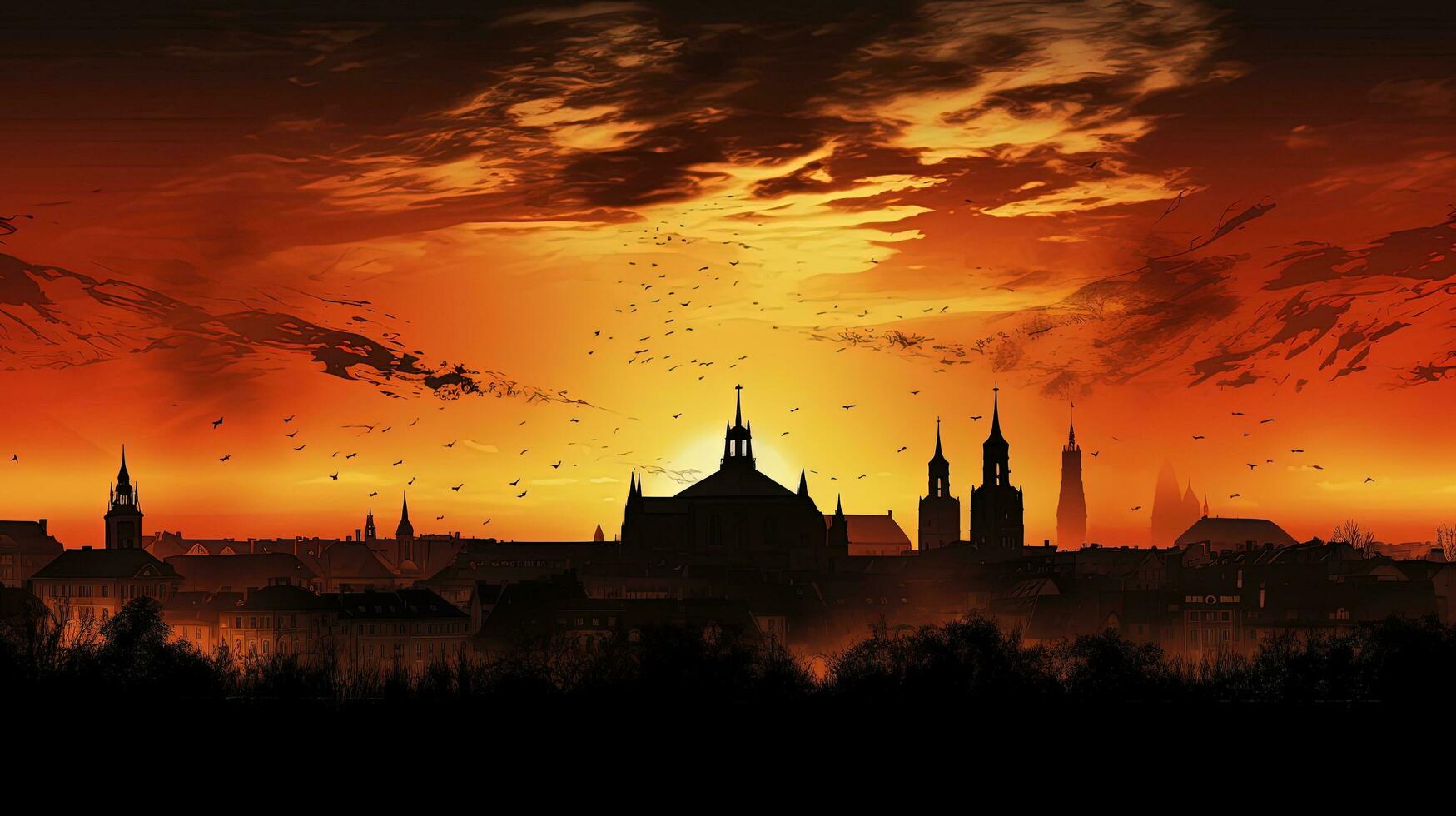 Silhouettes of churches in the Munich skyline against a fiery sunset photo