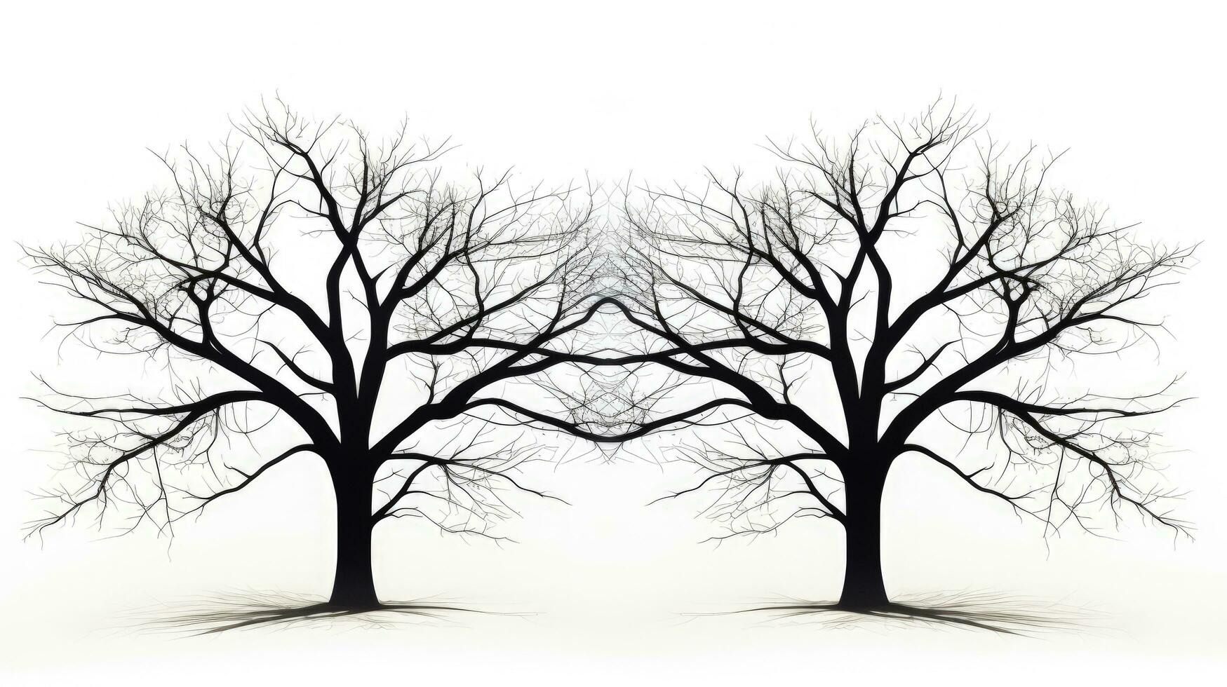 Photo of black twin trees with no leaves against a white backdrop. silhouette concept