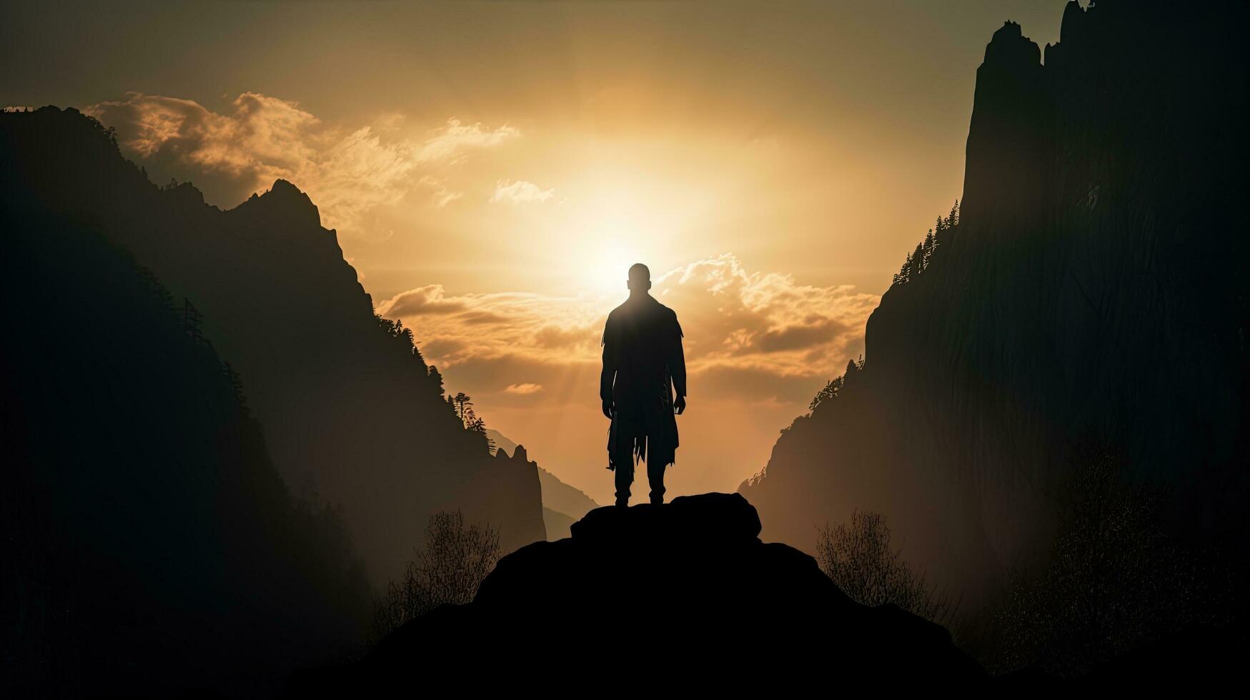 Sunny outline of a mountain man. silhouette concept photo