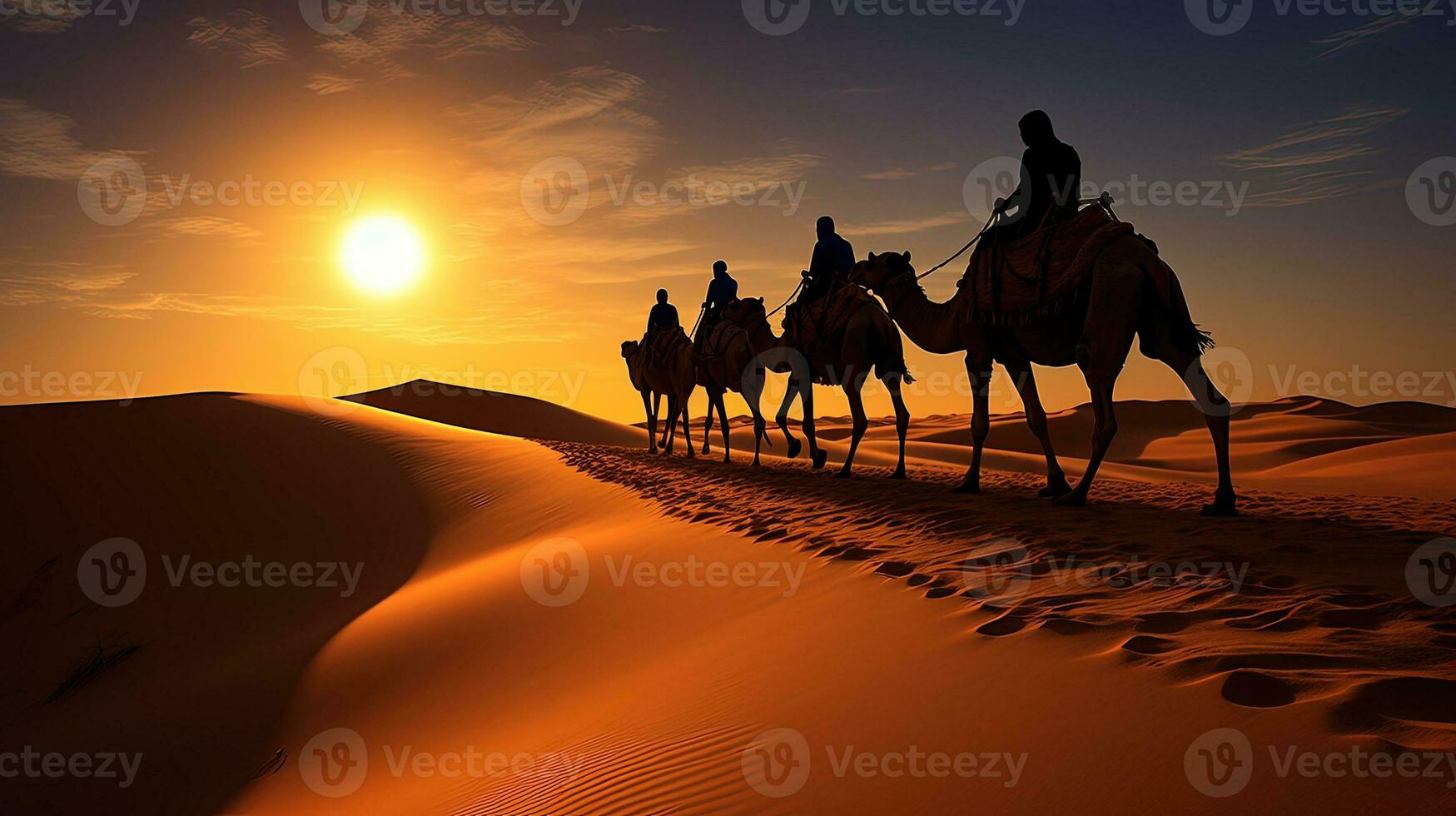 camel tours in Sahara desert guided by a berber with camel shadows. silhouette concept photo