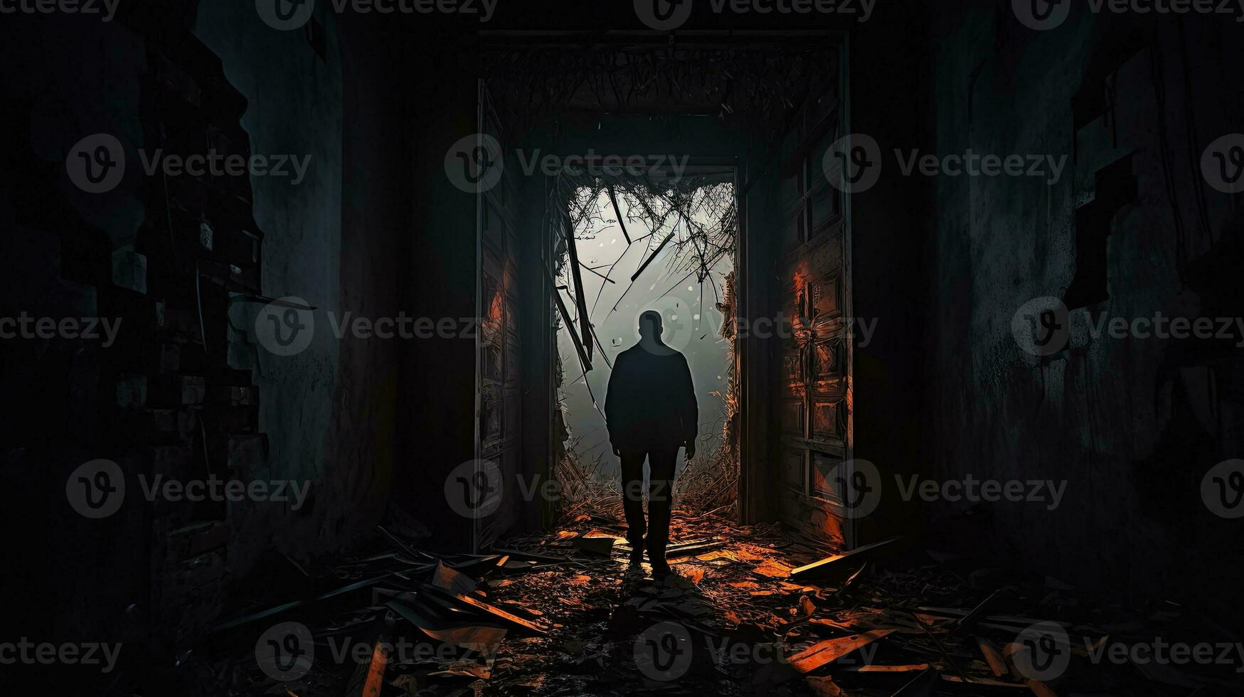 Deserted structure with dimly lit passage unidentified figure illumination at entrance wreckage shattered panes decay incomplete. silhouette concept photo