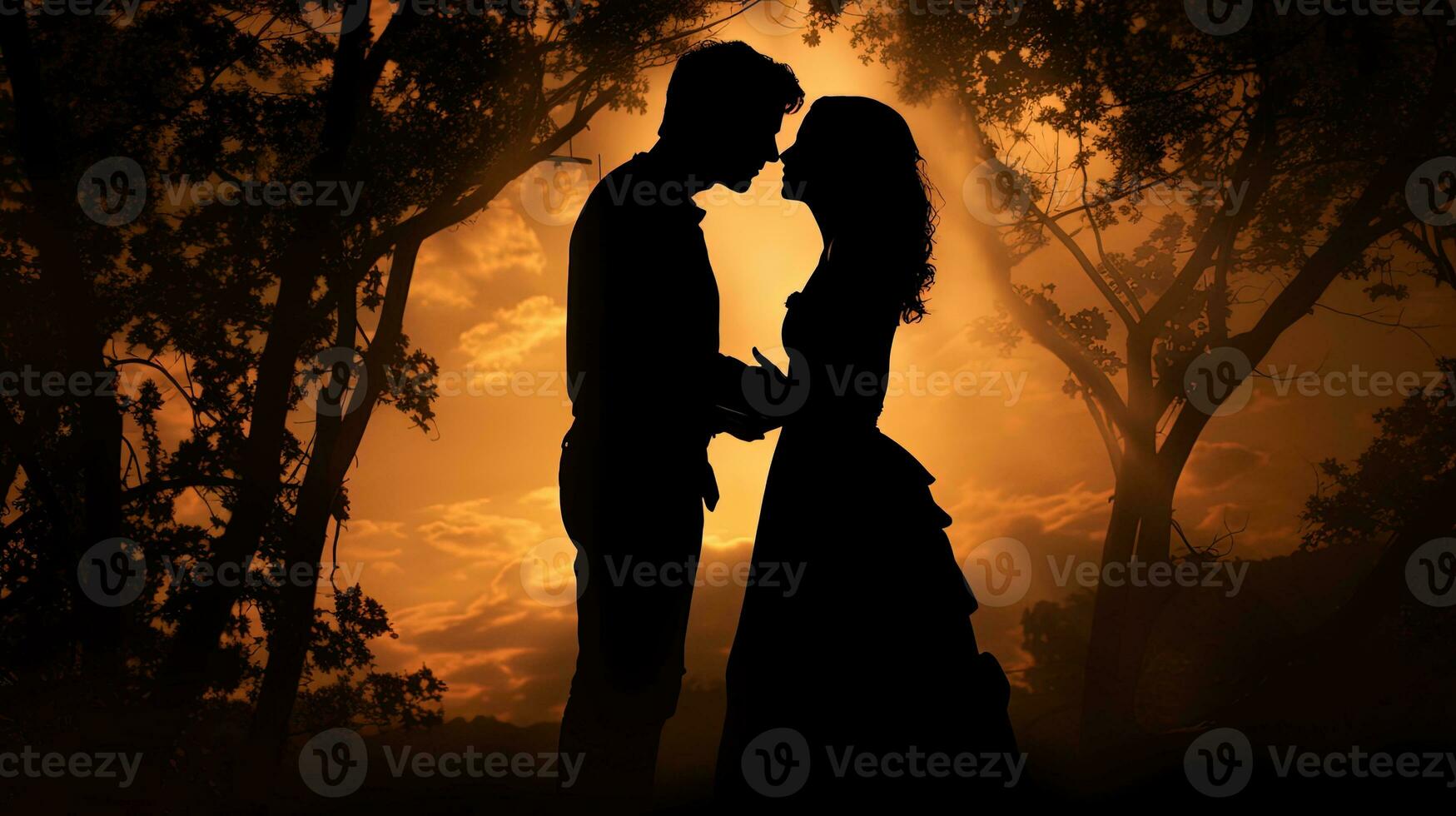 Engaged couple kissing silhouette photo