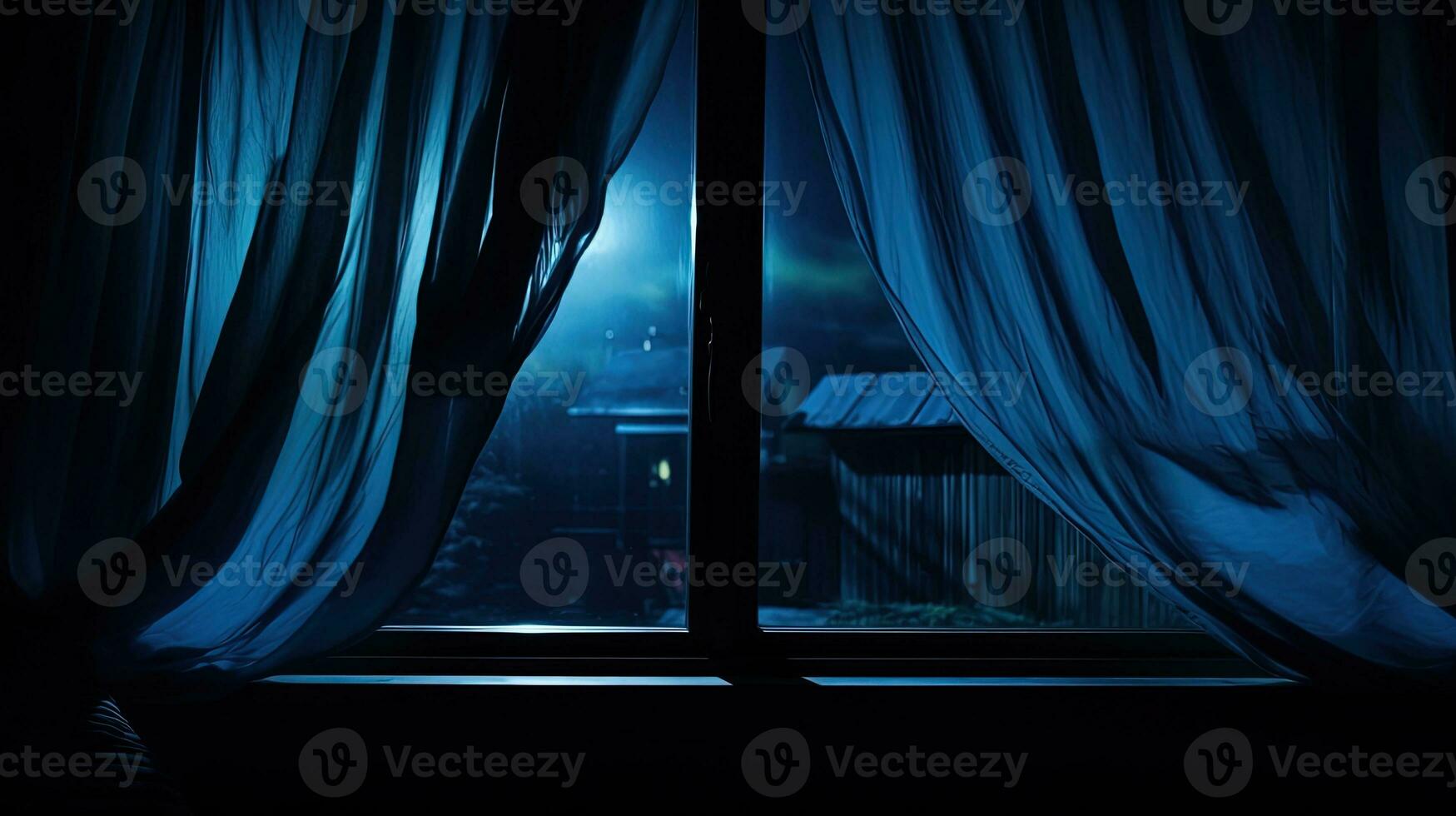 Halloween night eerie window with blue curtain empty space for copy. silhouette concept photo