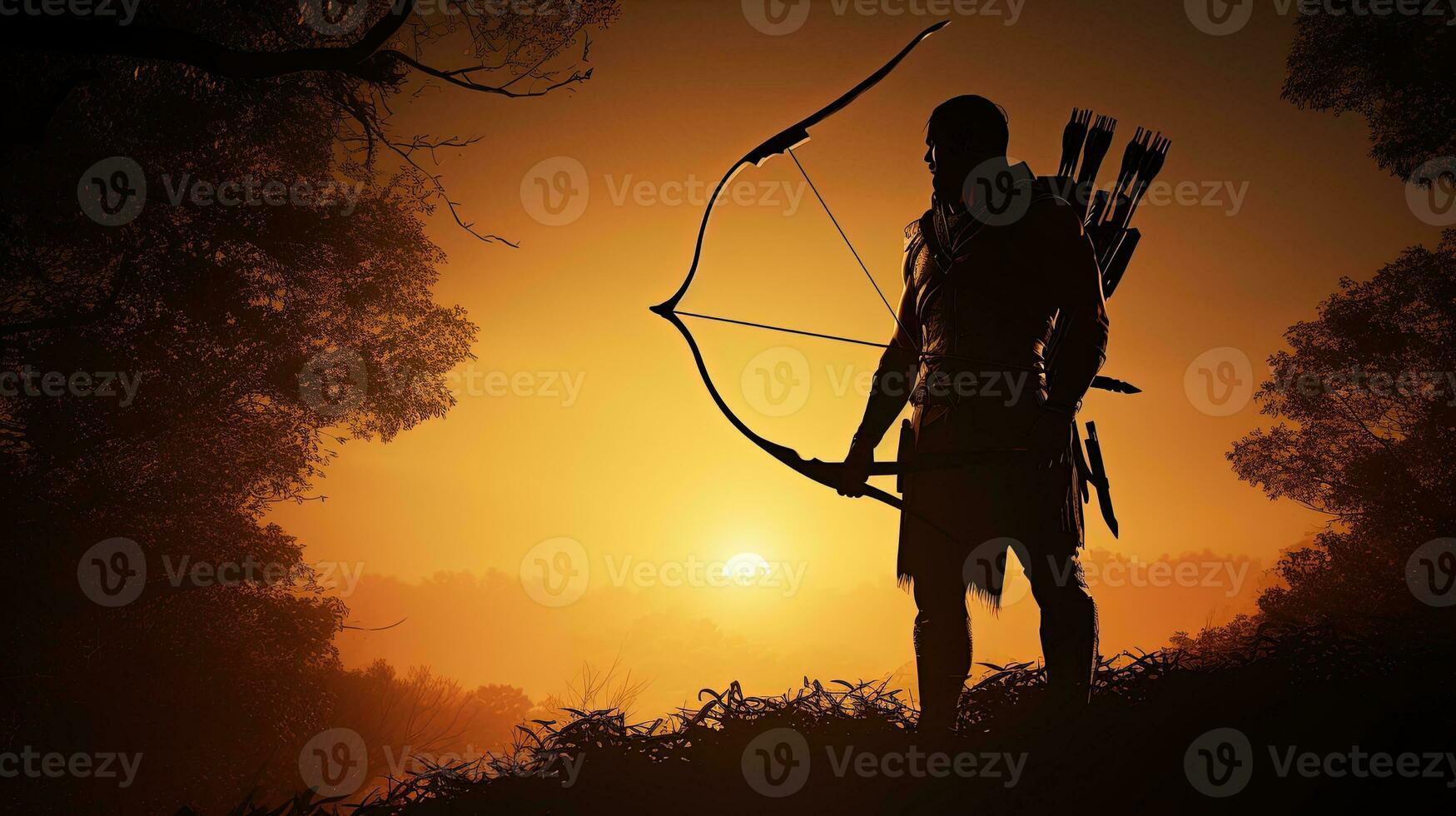 a silhouette of a man holding a bow and arrow photo