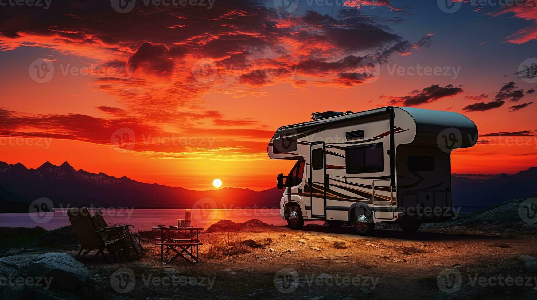 Sunset over motorhome in a camping RV. silhouette concept photo