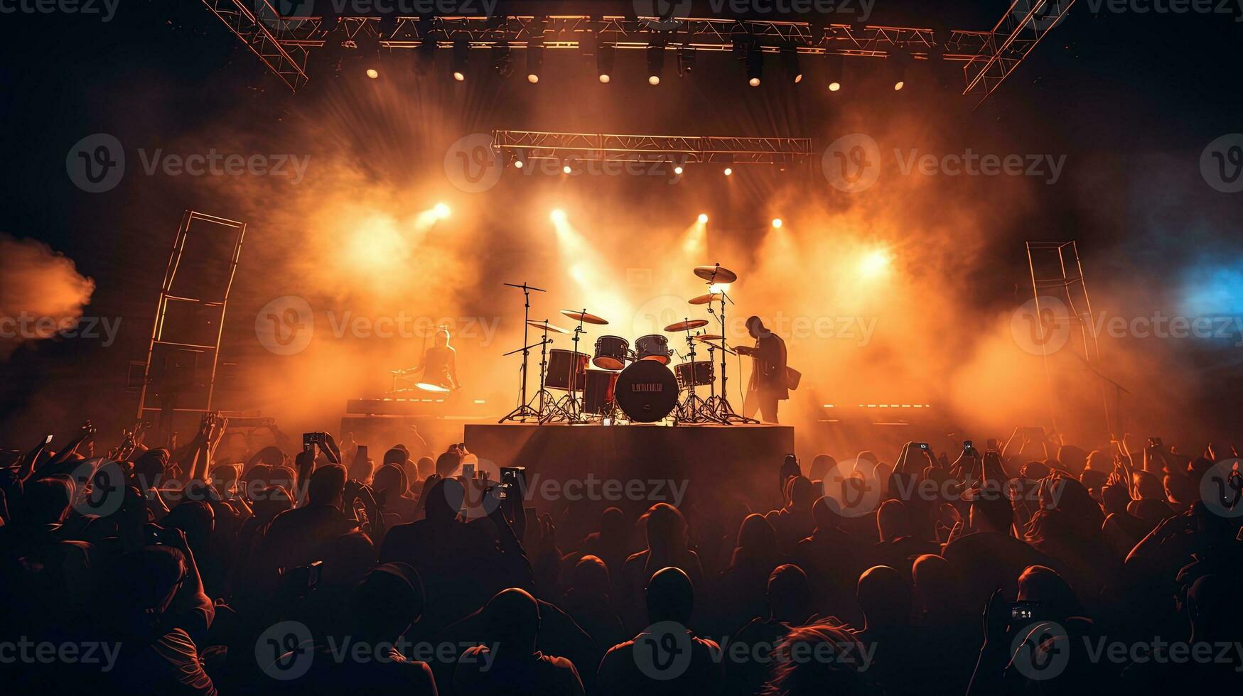 Live drum on stage with spotlights illuminating smoke music and concert background. silhouette concept photo