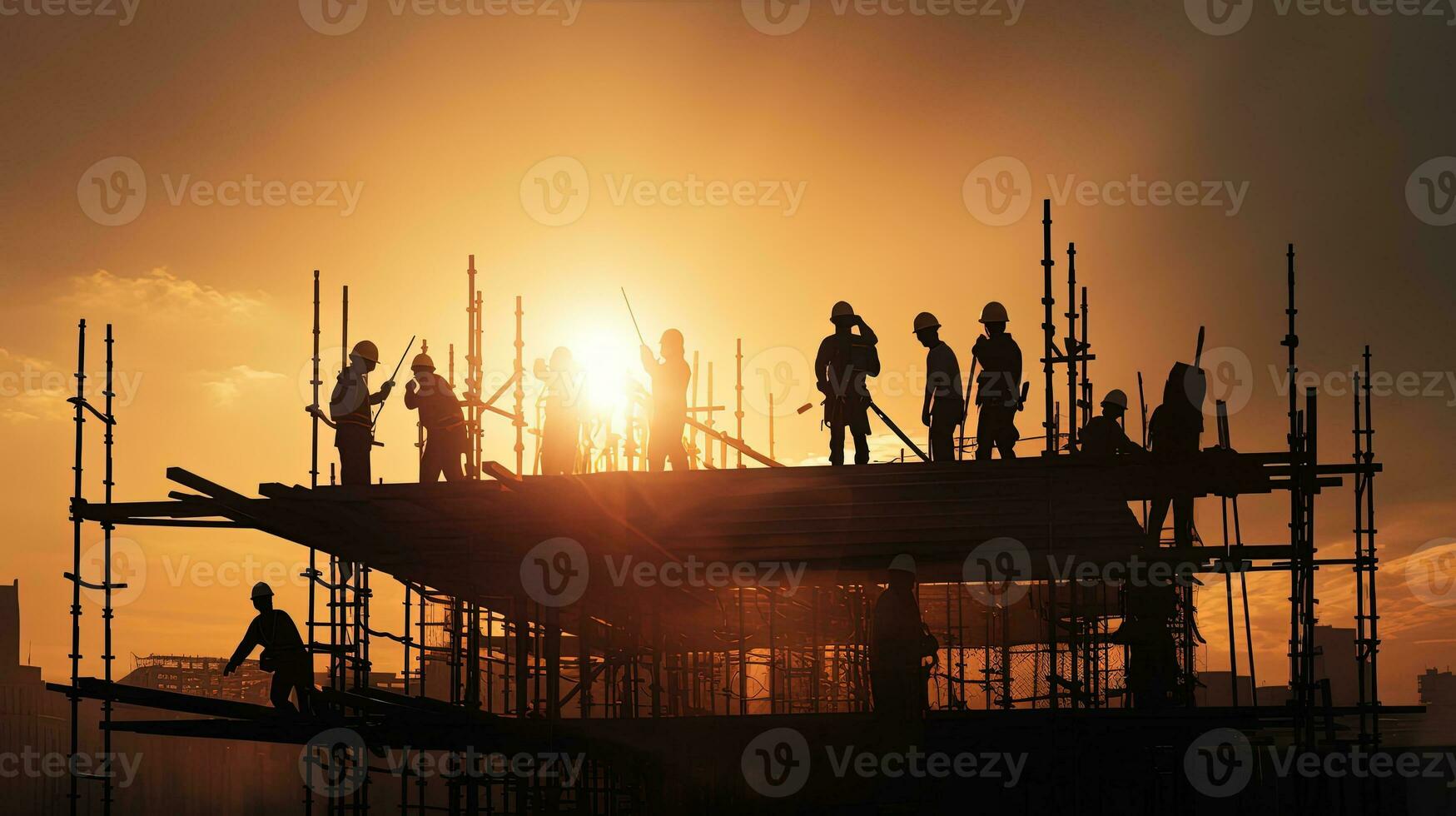 Construction workers on scaffold working in intense sunlight shadowed silhouette photo