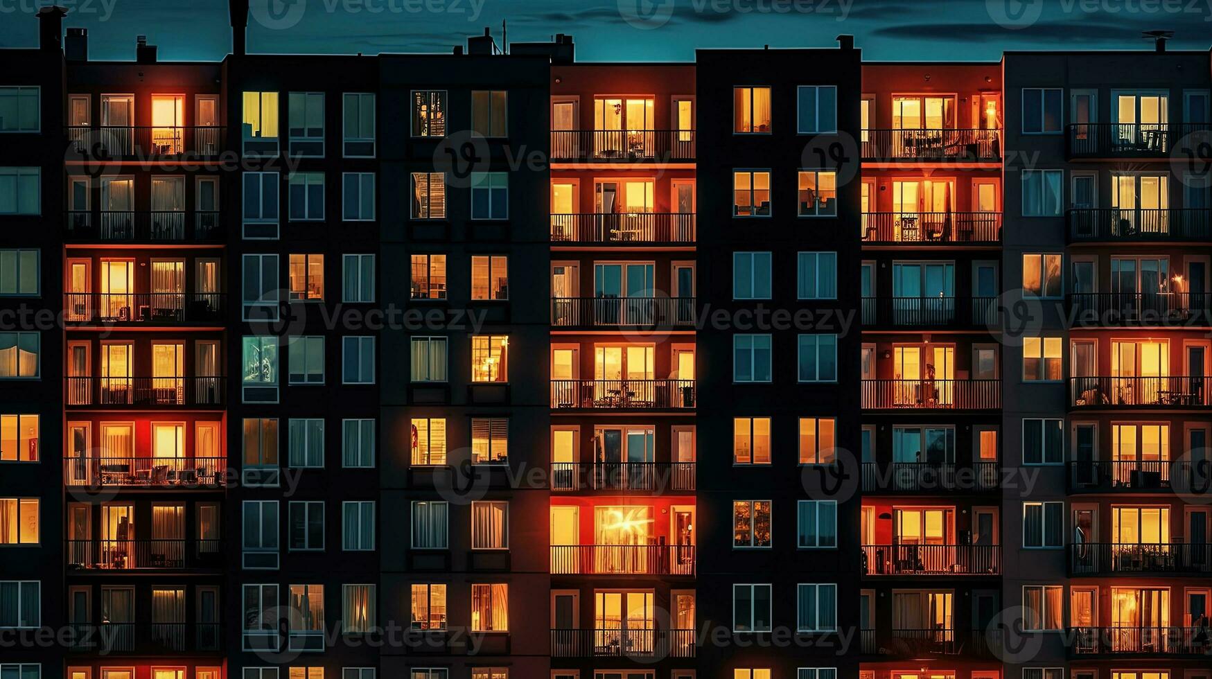 Lit windows of tall apartment building at night Urban backdrop. silhouette concept photo