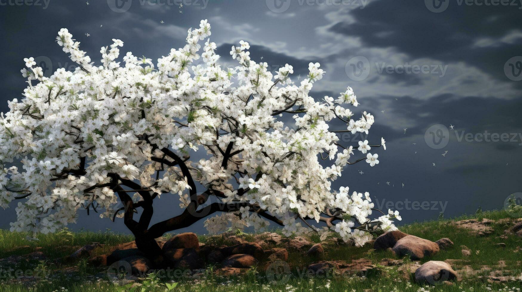 Blooming apple tree with white flowers. silhouette concept photo