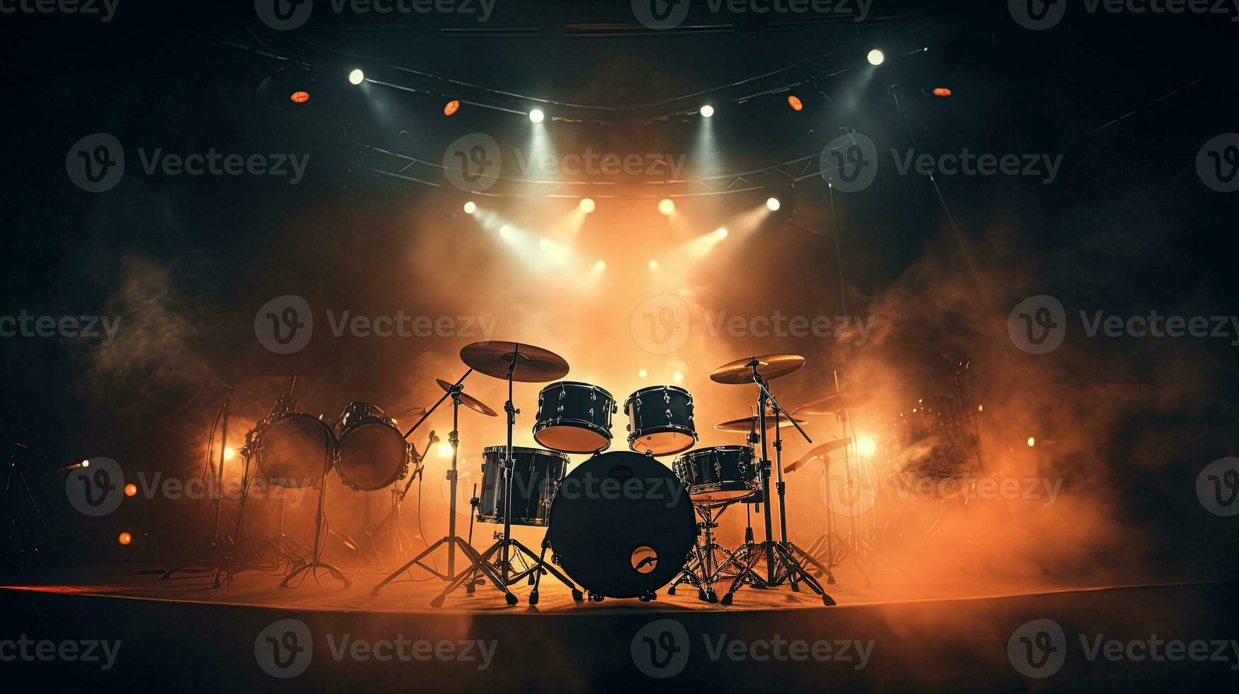Live drum on stage with spotlights illuminating smoke music and concert background. silhouette concept photo