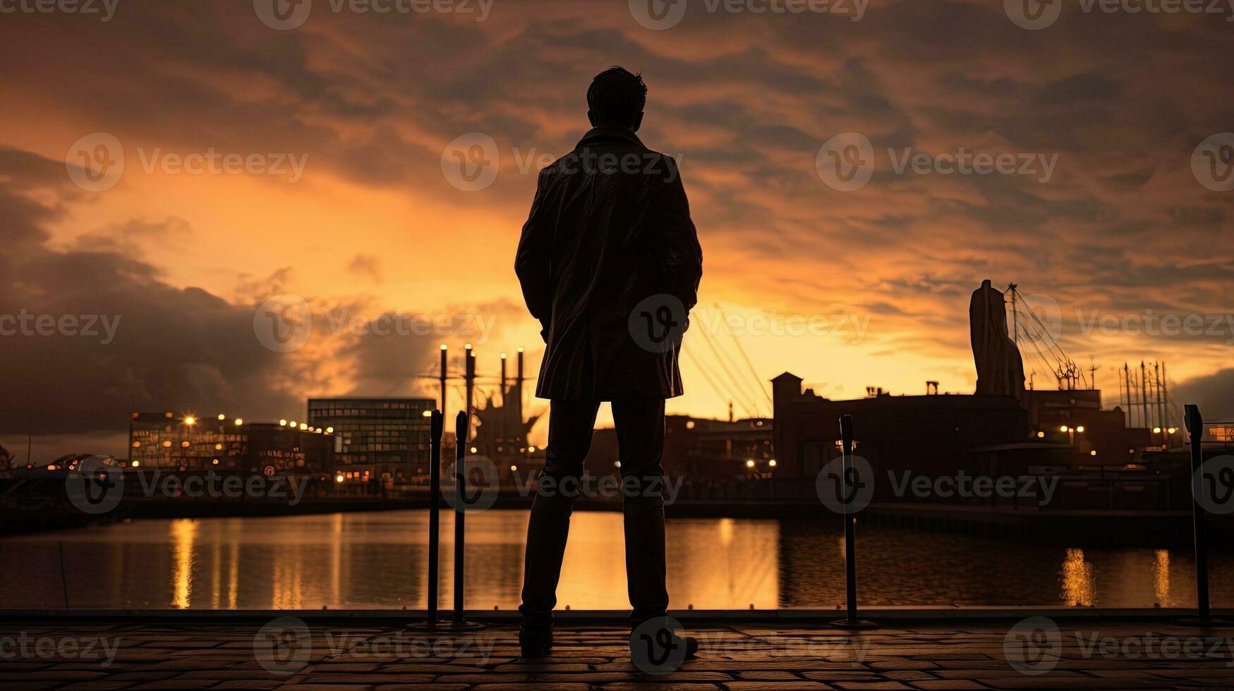 Statue of British singer Billy Fury on Liverpool s Albert Dock. silhouette concept photo