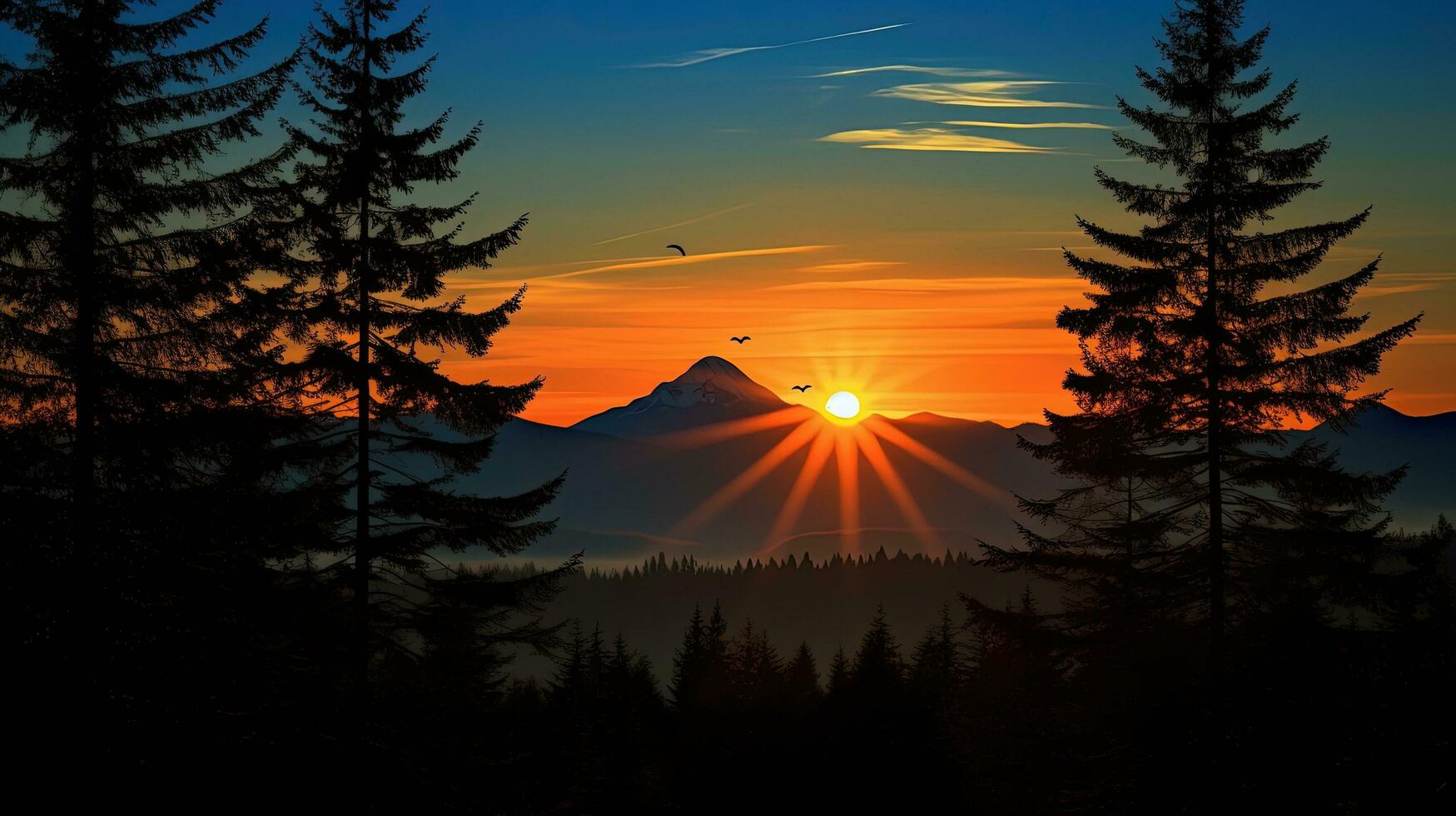 Stunning Western Washington sunrise showcasing an orange sunburst through an evergreen tree with Mount Washington peeking above the silhouette of evergreens photo