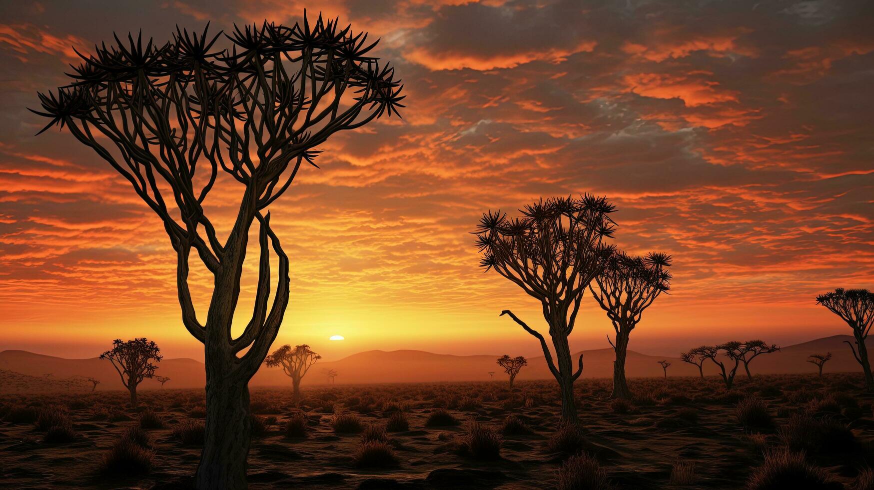 Sunrise in Namibia southern Africa with quiver trees silhouette at dawn clouds photo