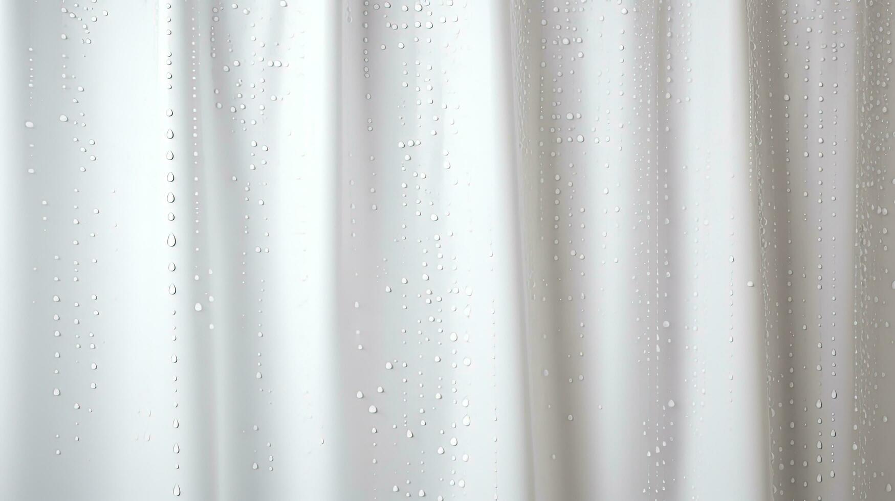 Bathroom concept Moist creased white shower curtain with water droplets steam on white backdrop light and darkness. silhouette concept photo