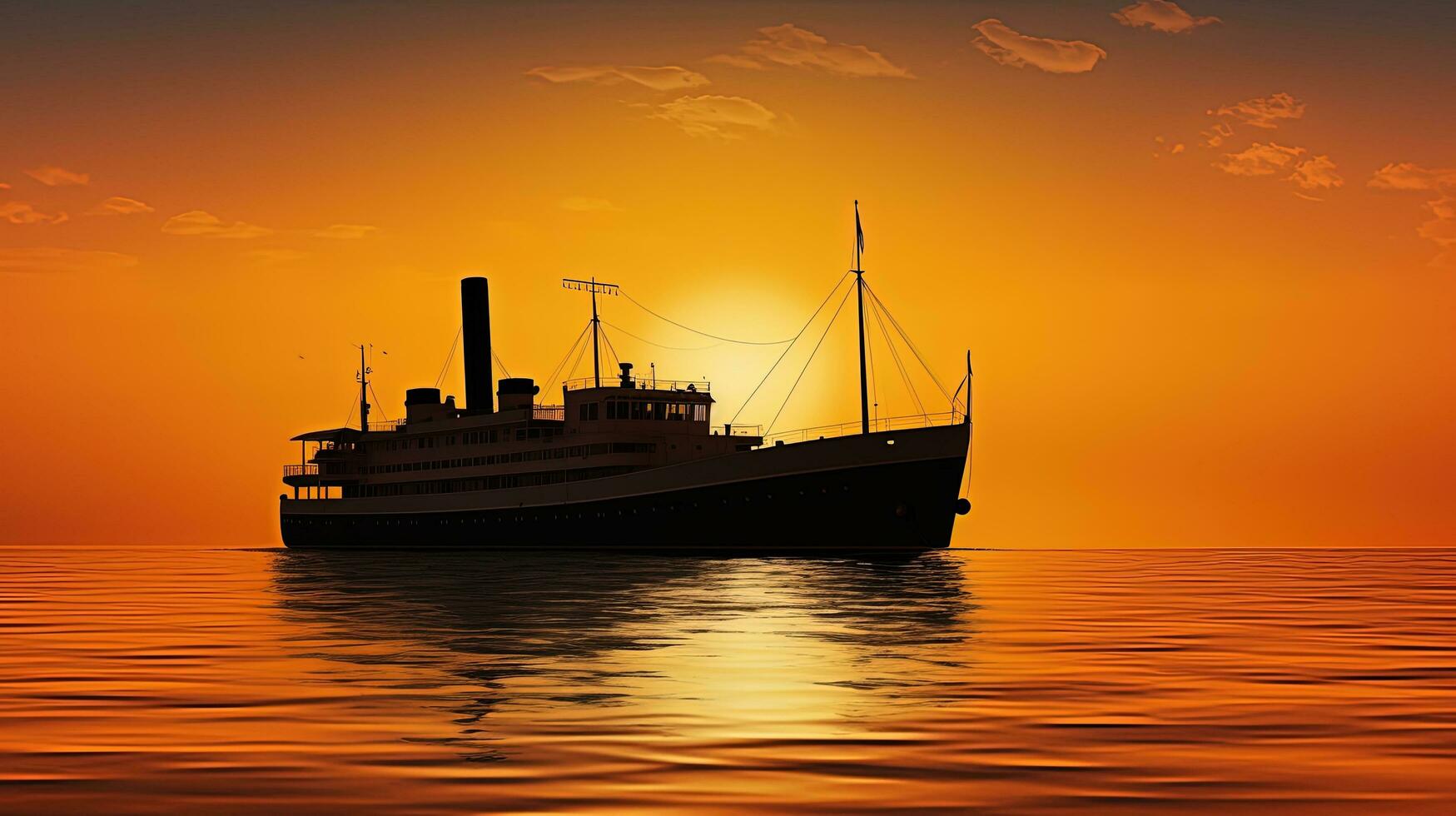 Ship silhouette at sunrise over golden sea photo