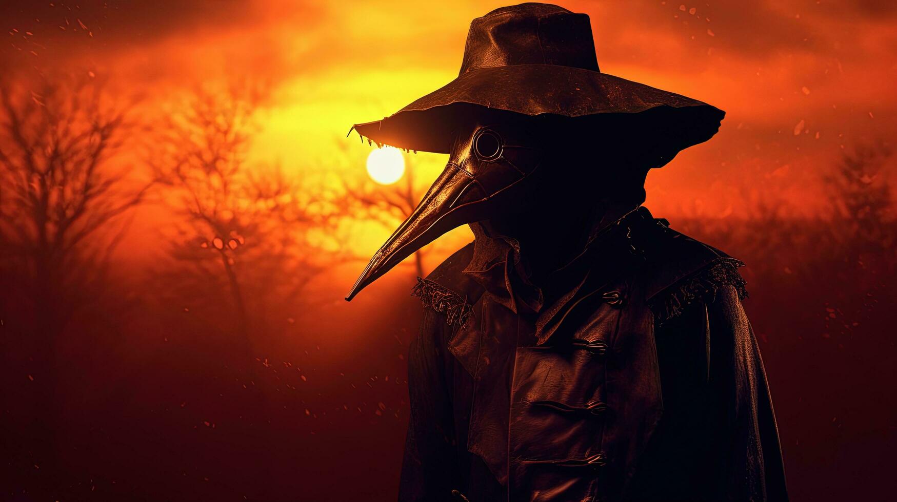 Grim masked silhouette amid a sunset s backdrop edited with avant garde grunge photo