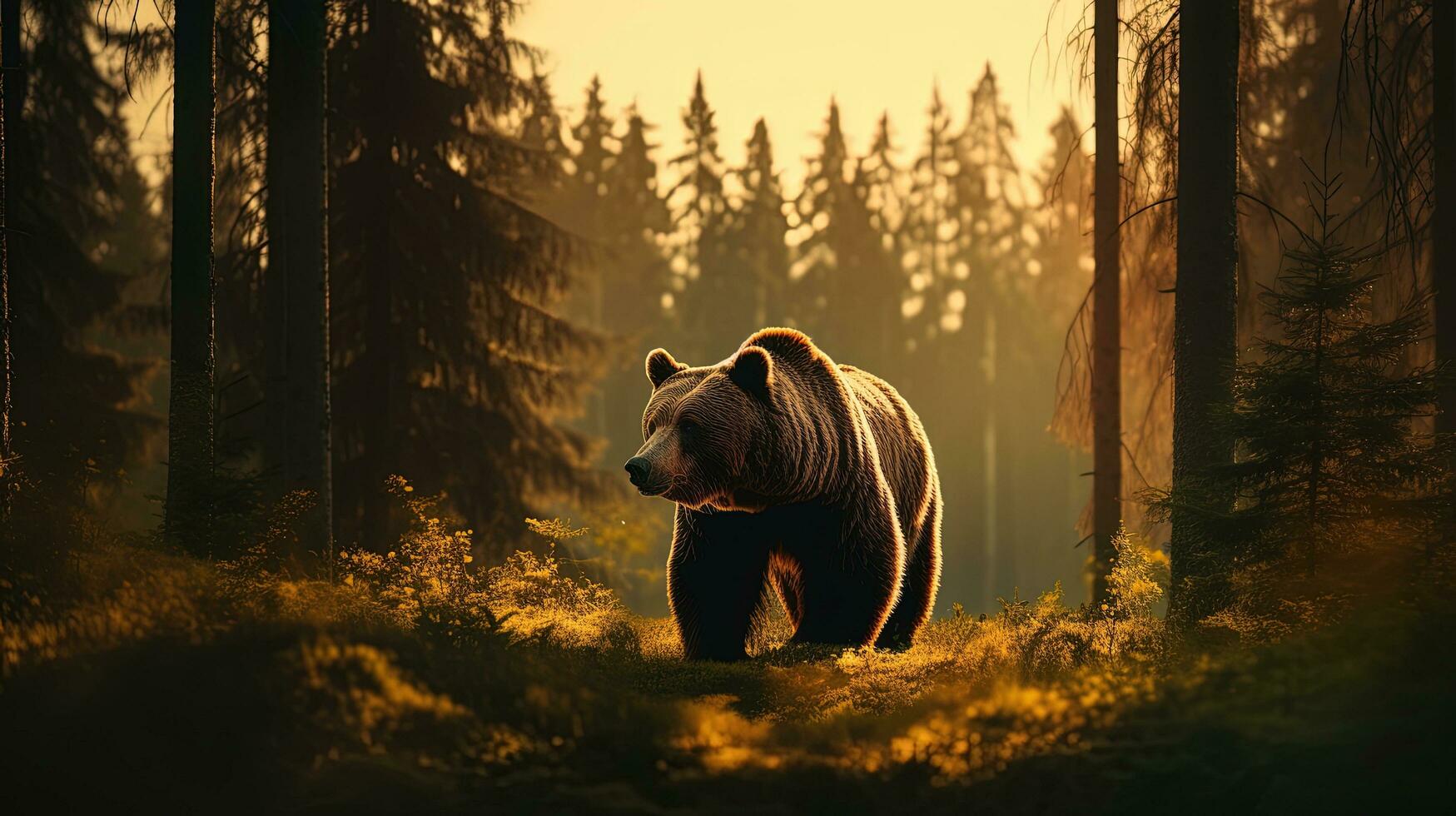 Ursus arctos in natural habitat during summer season with green forest background at sunset. silhouette concept photo