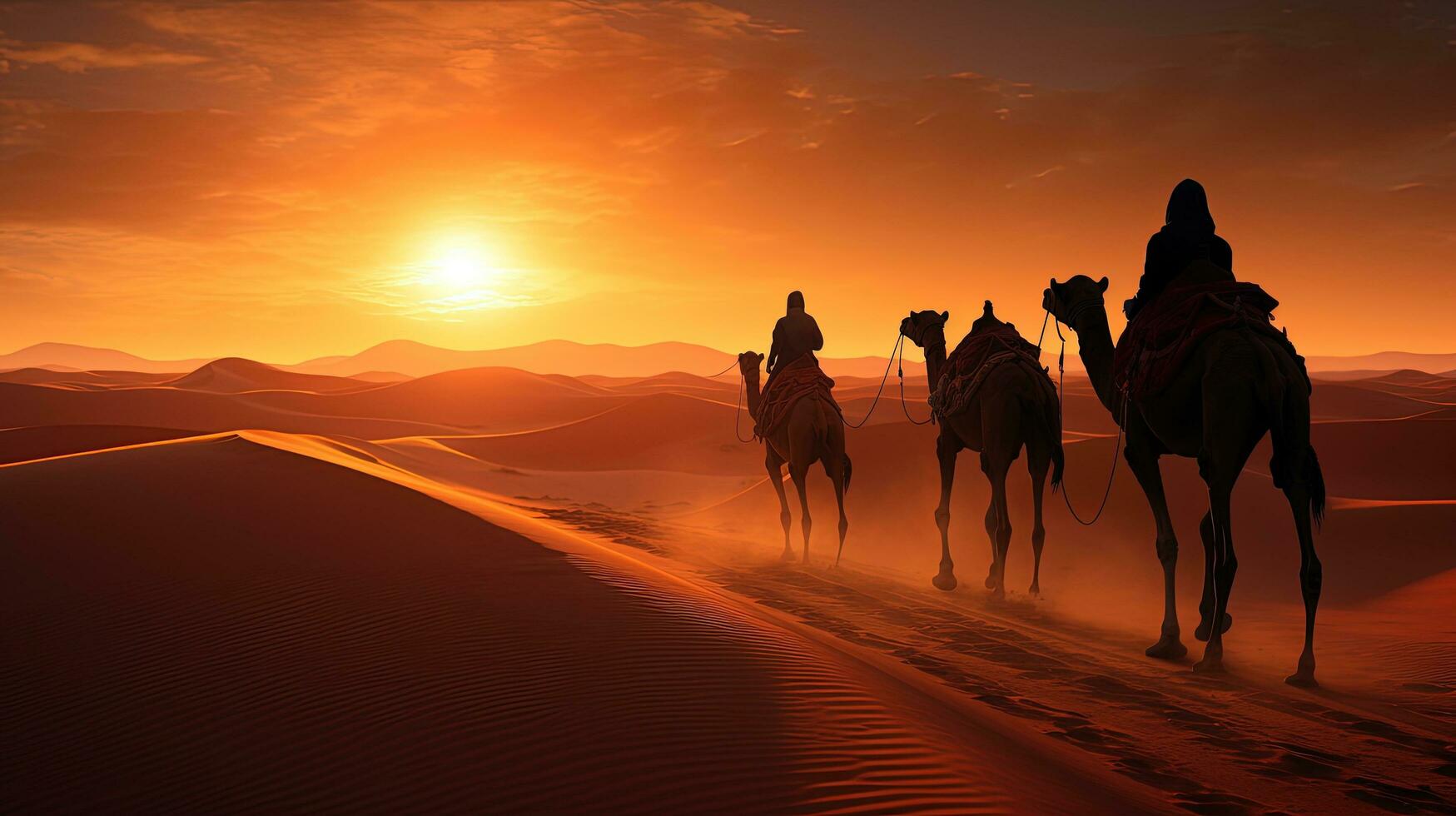 camel tours in Sahara desert guided by a berber with camel shadows. silhouette concept photo