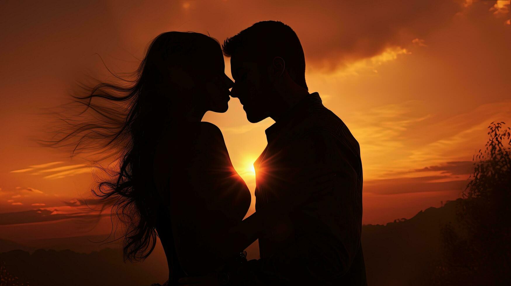 Couple affectionately embracing at dusk. silhouette concept photo