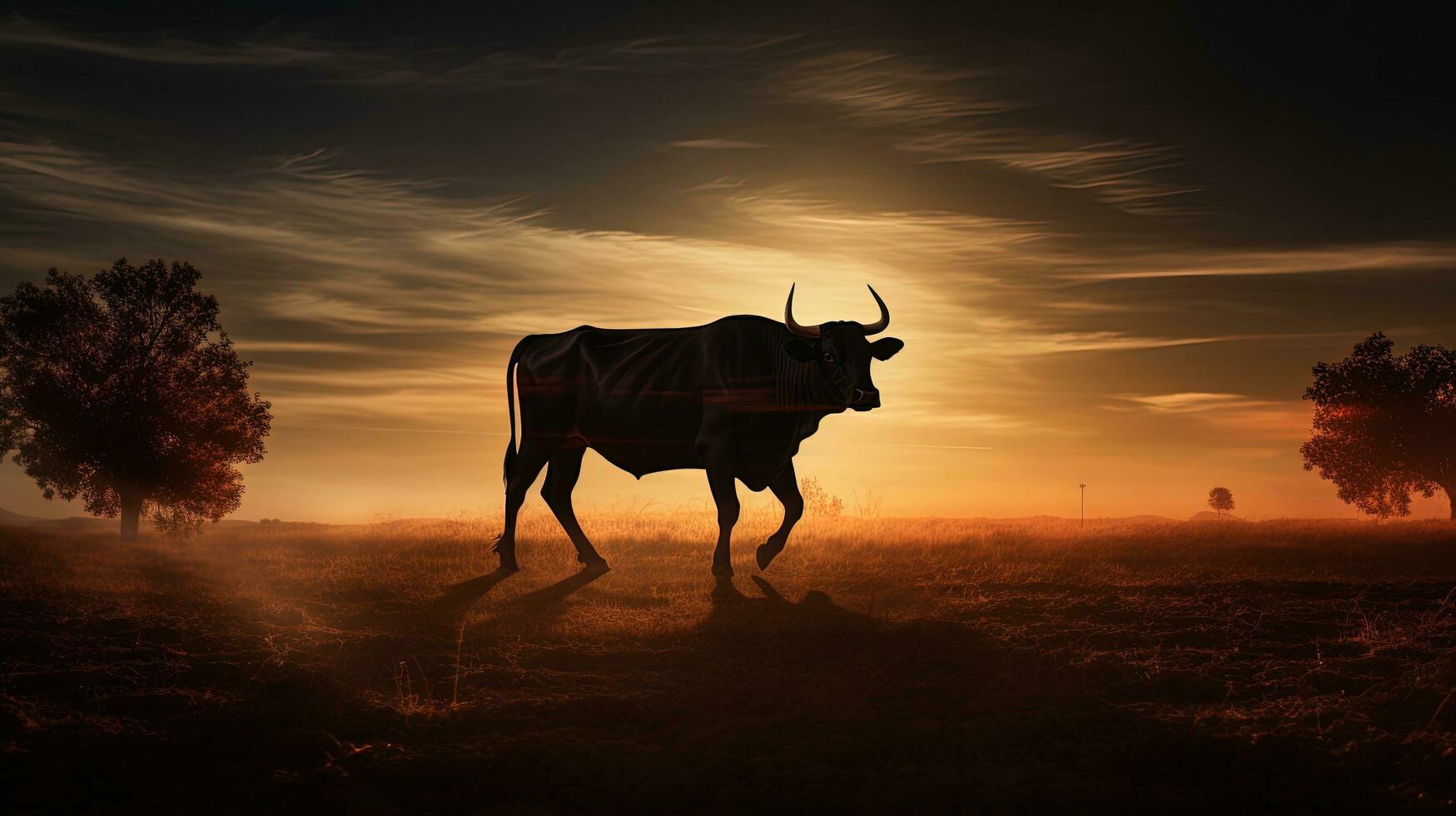 Bull s outline in Spanish field. silhouette concept photo