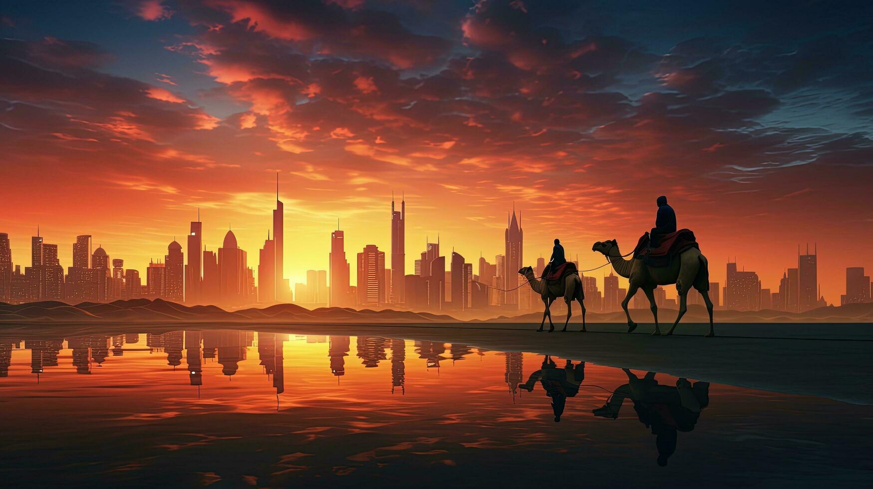 Camel crossing desert with Dubai skyline blending modern and traditional UAE. silhouette concept photo