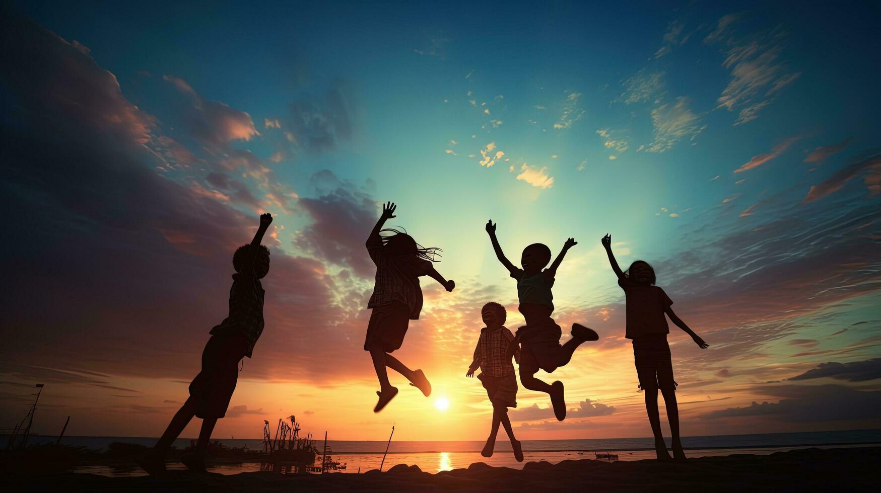 Children in silhouette leaping against a beautiful blue sky backdrop photo