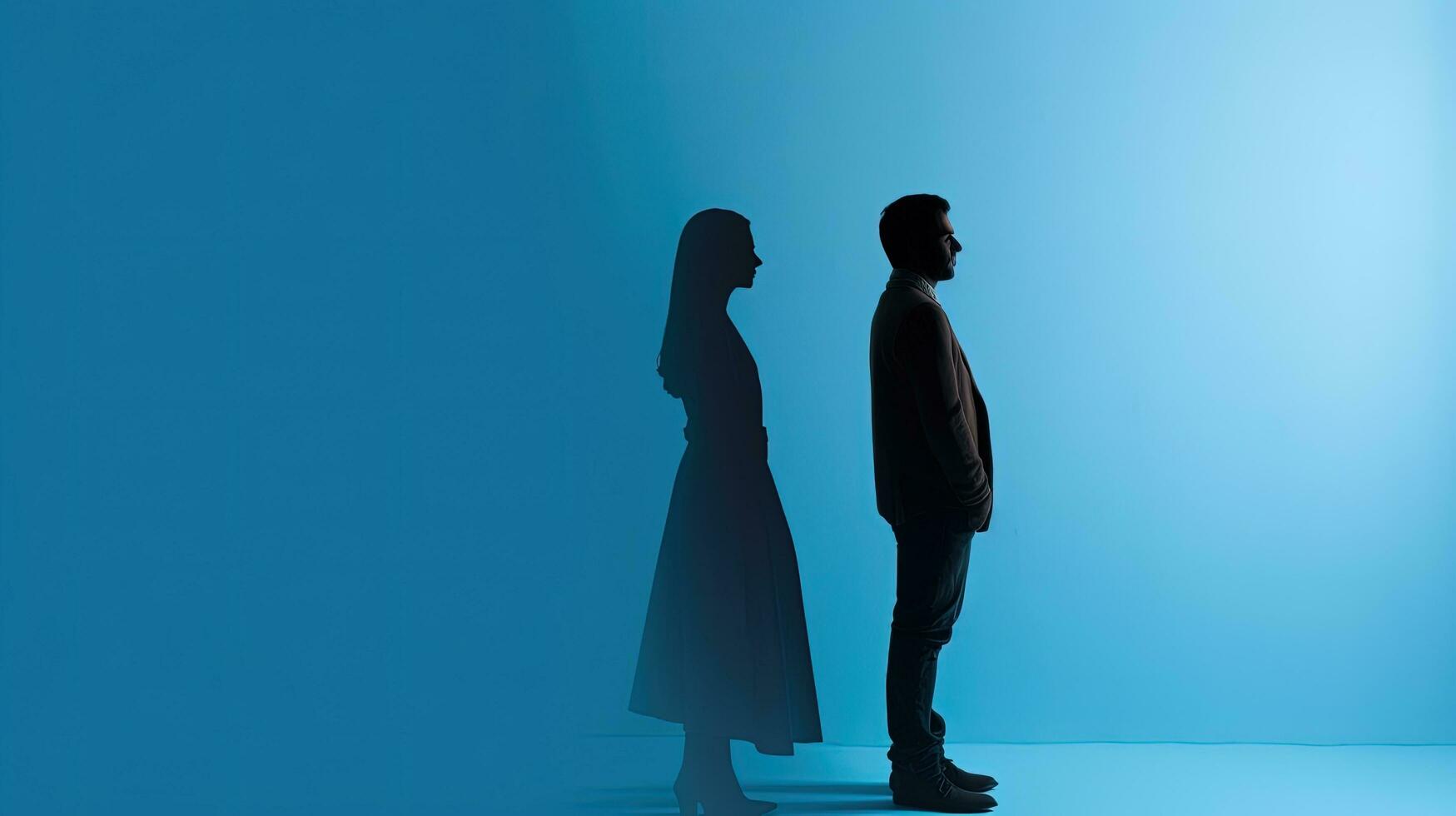 Flat lay of a white paper silhouette of a couple on a blue background with space for text photo