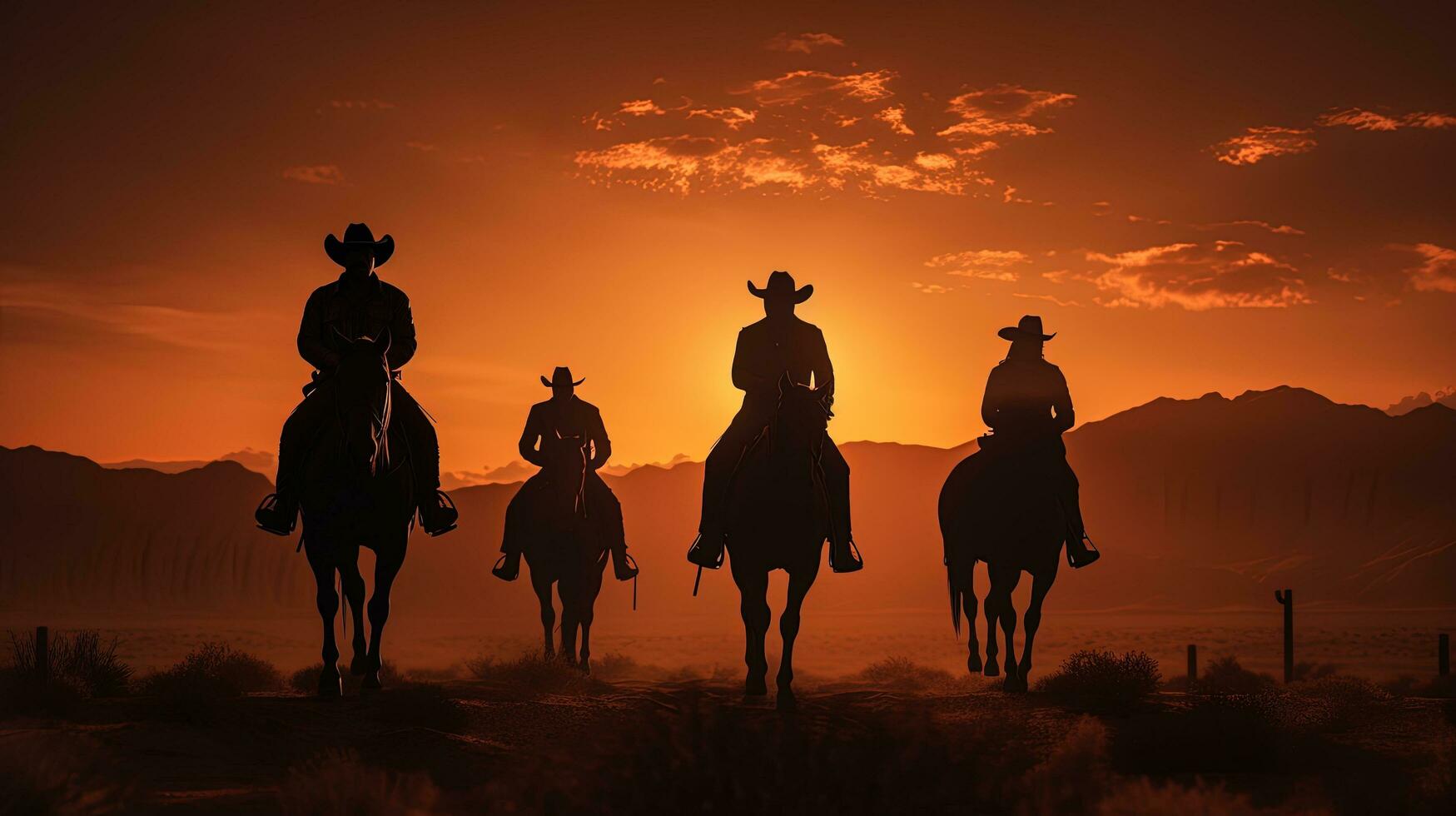 vaquero idea ilustrado con siluetas de vaqueros a puesta de sol en un colina con caballos enfocado composición foto