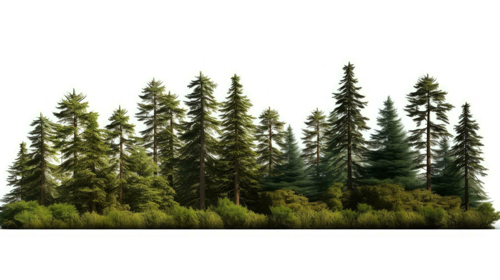 High definition view of trees and shrubs in a summer forest isolated on white. silhouette concept photo