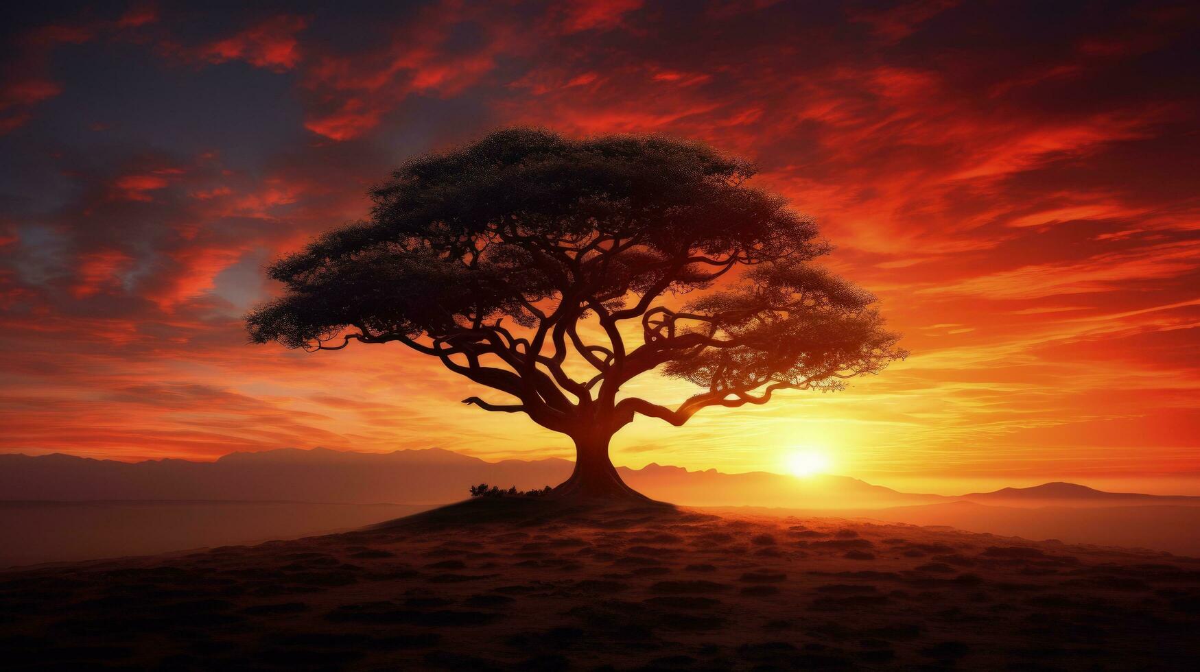 Tree in the sunset casting a shadow. silhouette concept photo