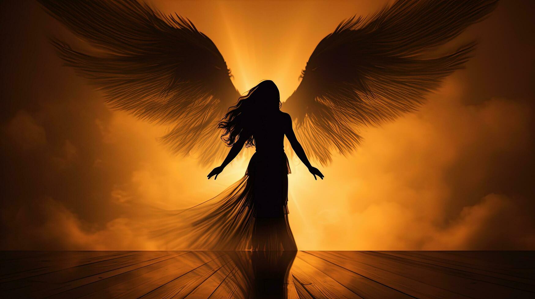 an angel with wings is standing in the dark photo