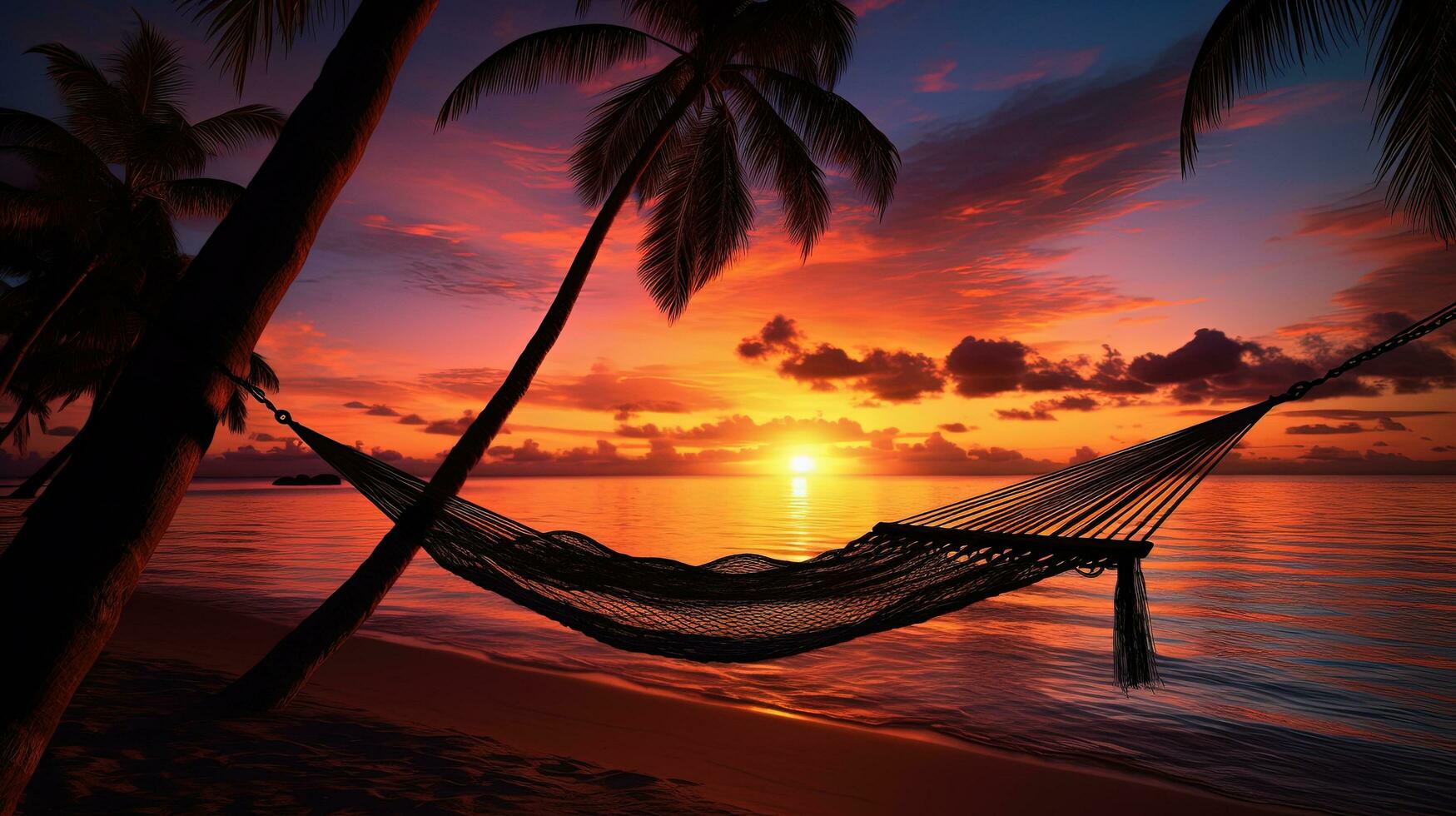 Gorgeous sunset over a tropical beach with palm trees and a hammock. silhouette concept photo