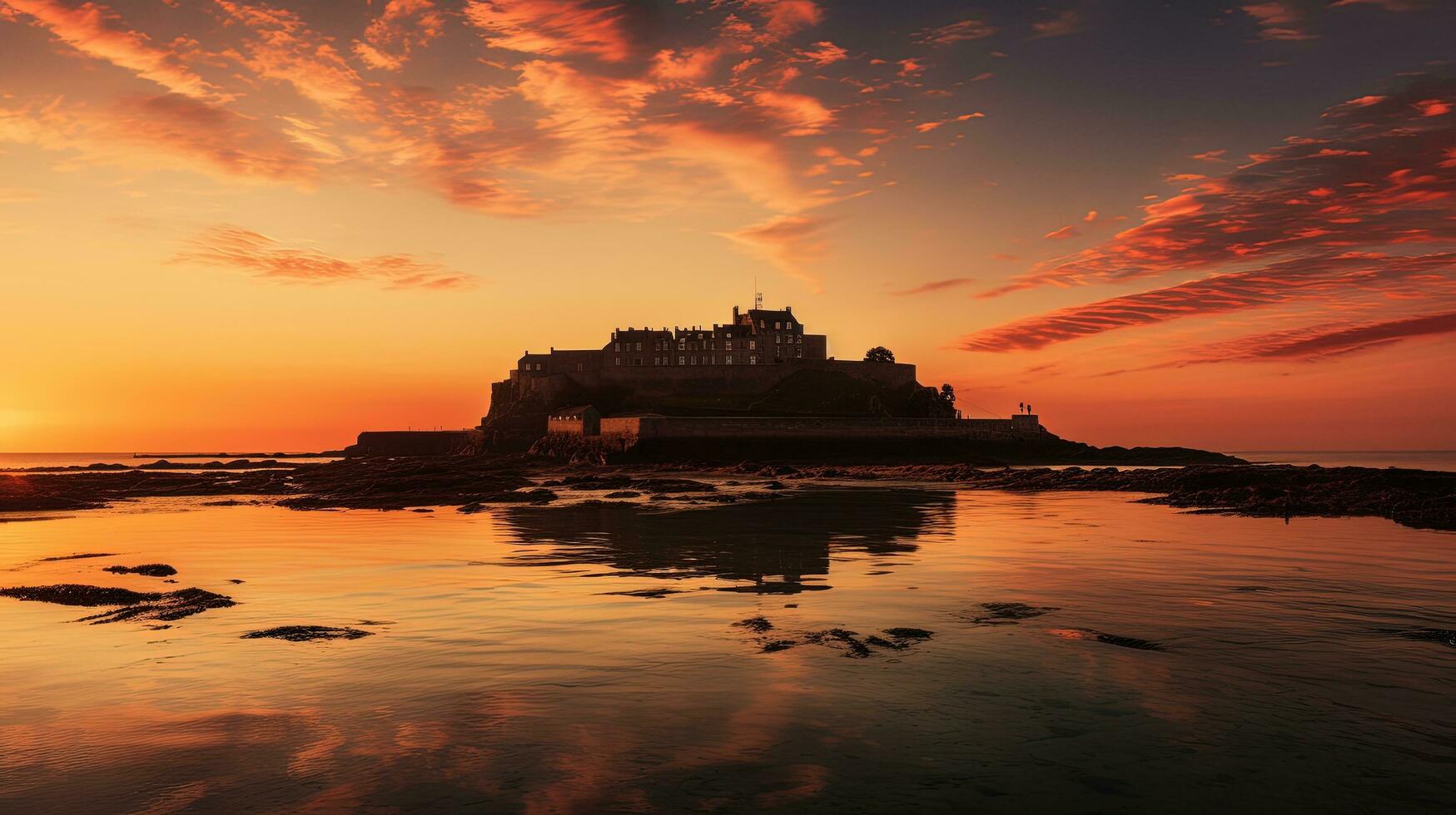 Jersey s calm coastal sunrise at St Aubin s fort UK in autumn. silhouette concept photo